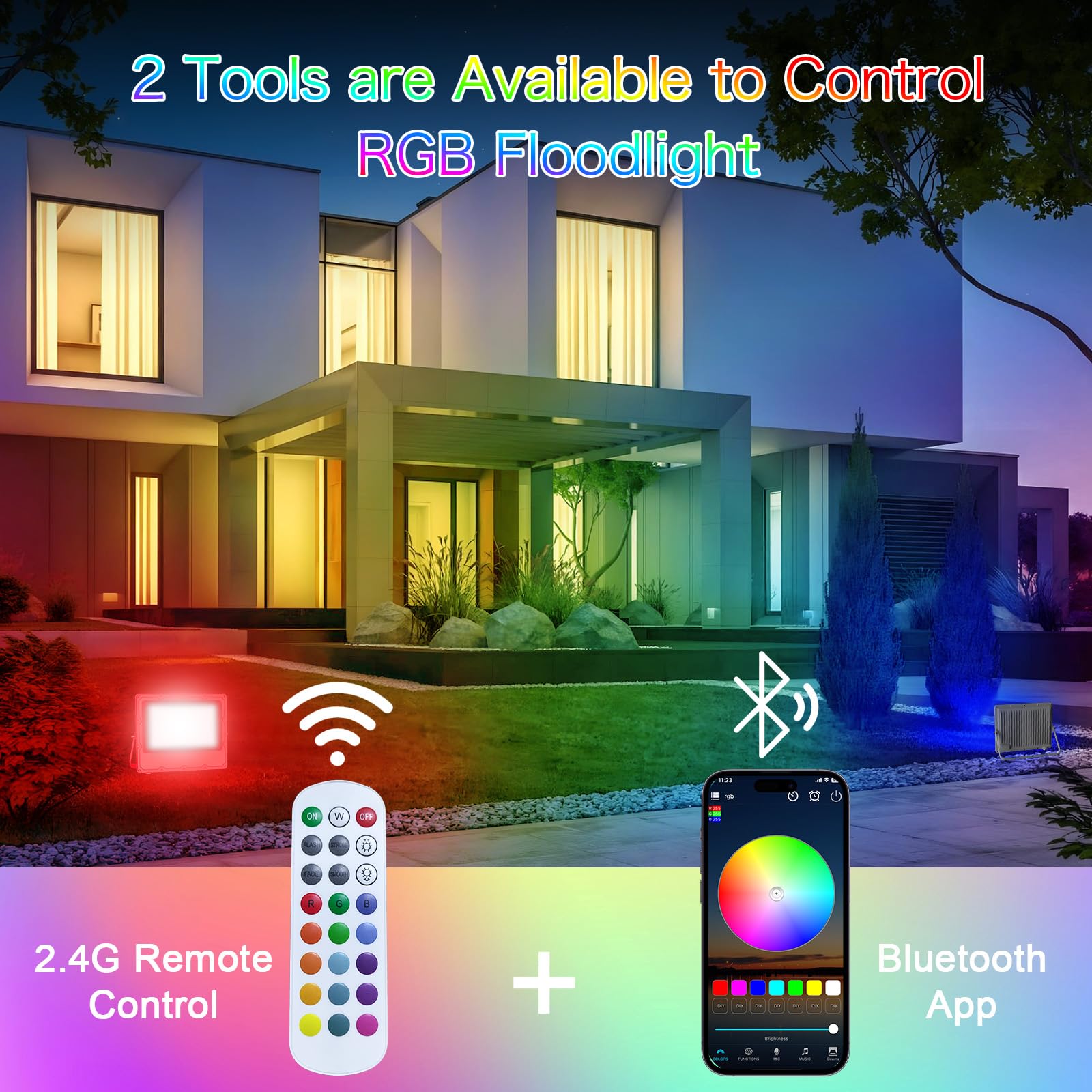 MEEKBOS RGB LED Flood Lights 30W, Bluetooth/App Control, IP66 Waterproof, 3000LM, 16 Million Colors, 2-Pack, Gray