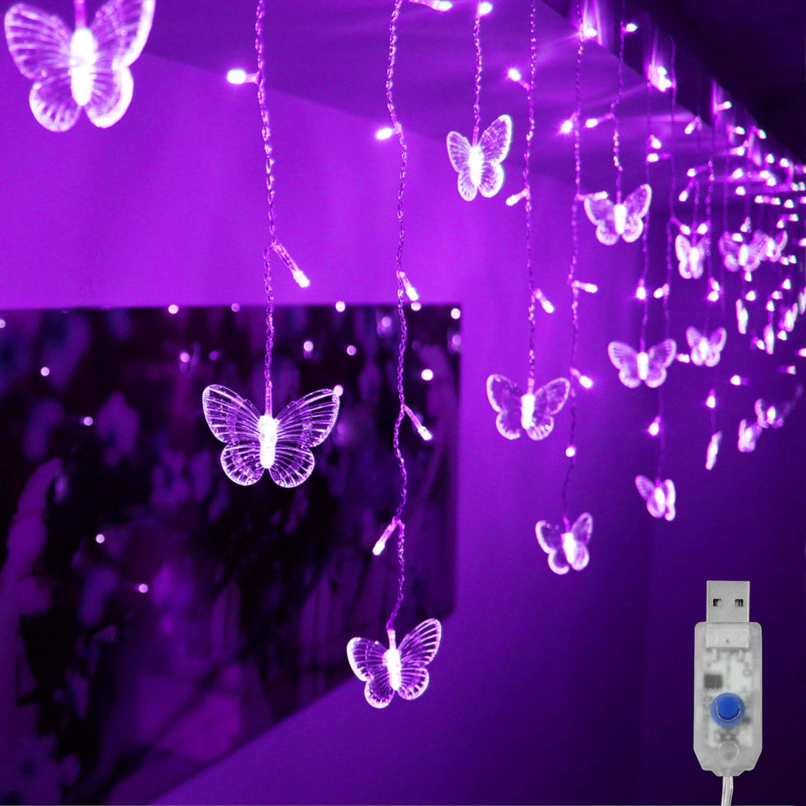 Decorman Butterfly Curtain Lights, 4.9ft 48 LED USB Window Fairy Lights 10 Butterflies 8 Modes Firefly Twinkle String Lights for Room Bedroom Wall Ceiling Party Wedding Christmas (Purple)