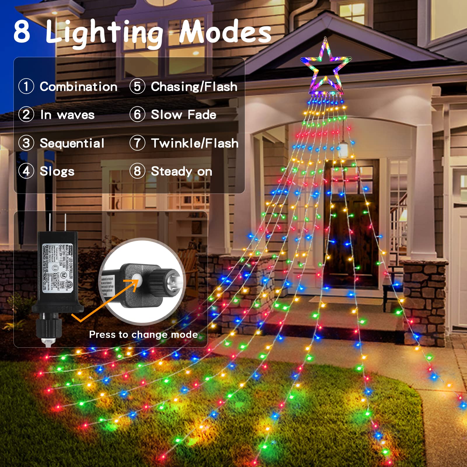 BlcTec Christmas Lights, 317 LEDs Waterfall Tree Lights, 11.9ft, 8 Modes, Waterproof, Multicolor, Model JT-EL/FC300V0200-C