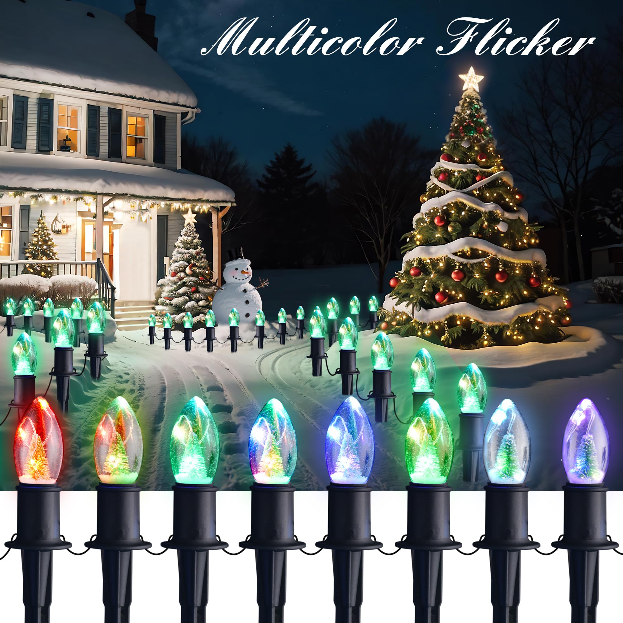 C9 Christmas Pathway Lights Outdoor,24.2ft Multicolored Flickering String Lights LED Christmas Walkway 20 Christmas Tree Light B