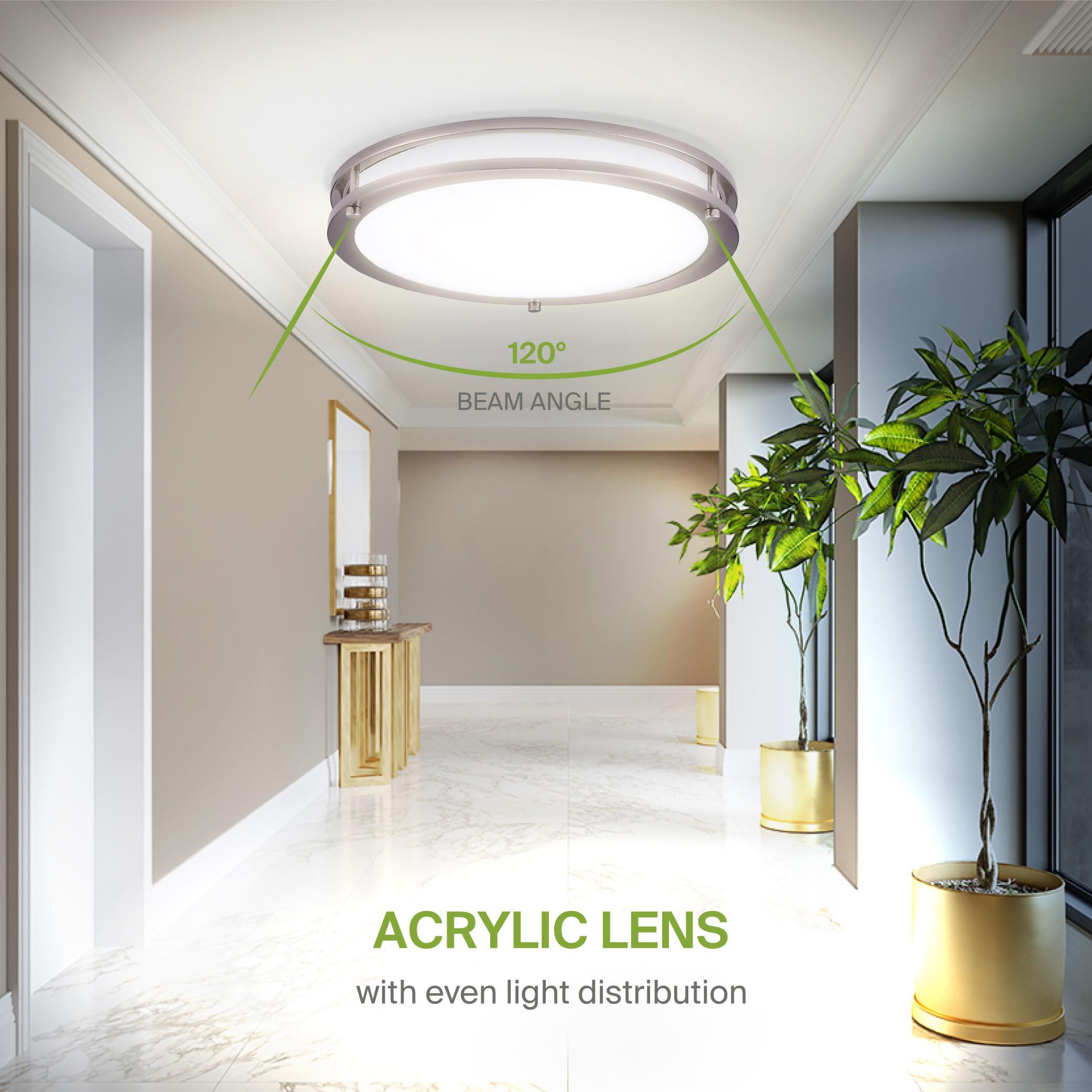 Asd Led 18 Inch Round Flush Mount Light Fixture | 28W 2750Lm 3000K-5000K 100-277V | 3Cct  Dimmable  Energy Star  Etl Listed | Close To Ceiling Double Ring Lamp  Low Profile Lighting | Nickel