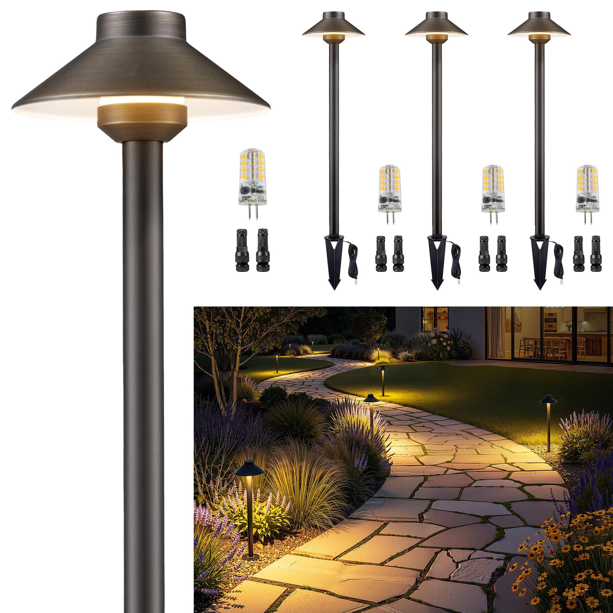 Gardenreet Low Voltage Landscape Lighting Brass  12v Pathway Lights Waterproof  Hard Wired Path Light Outdoor  Bronze for Exterior Area Patio House with 3W 270LM 3000K Warm White G4 Bulb (4 Pack)