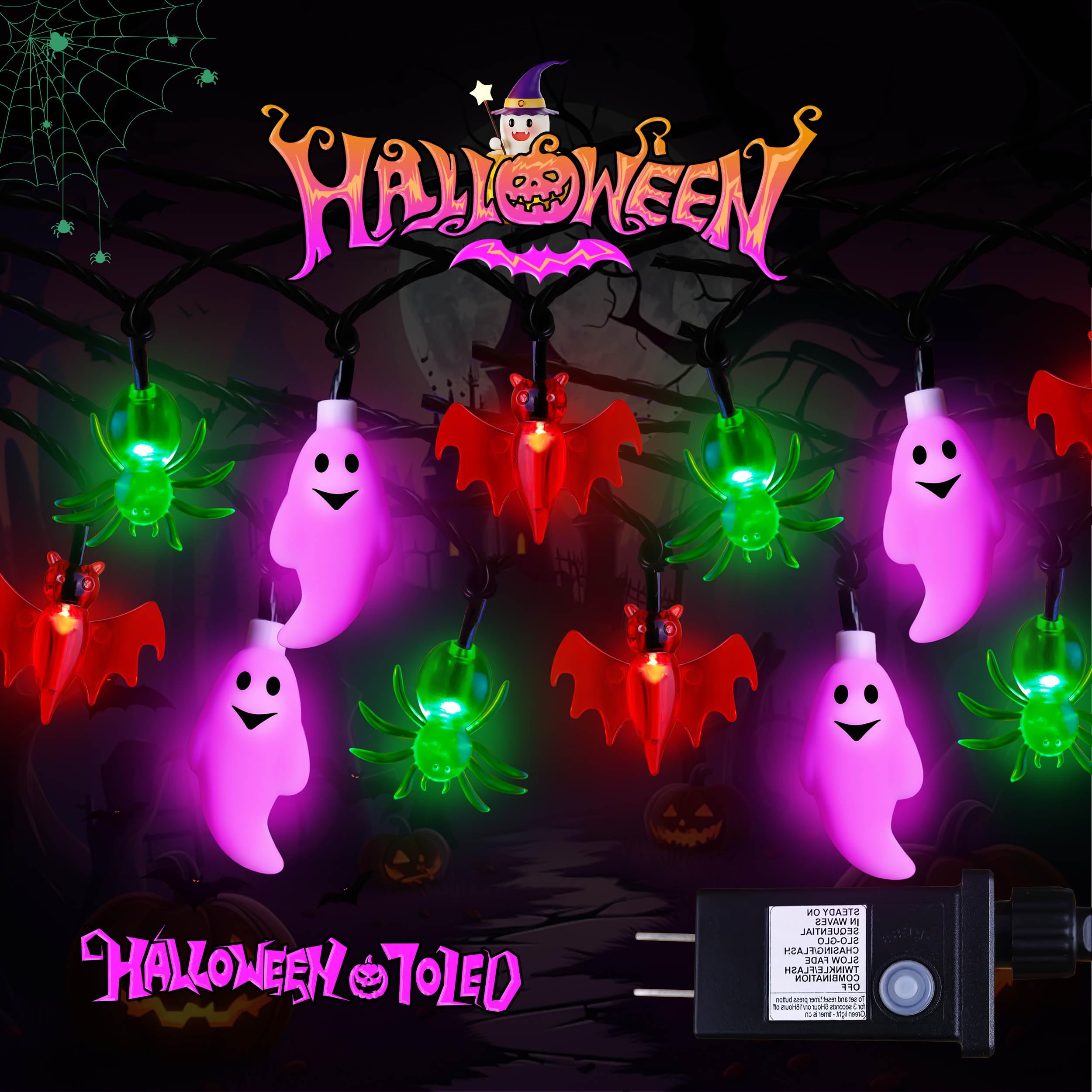 HAYATA Halloween String Lights - 70 LED 29.5Ft Pumkin & Spider & Bat Light with 30v Plug in - Extendable 8 Modes Fairy Timer Fun