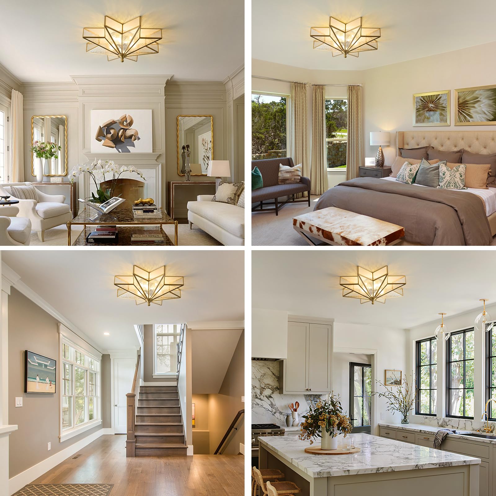 Brass Star Flush Ceiling Light - 19.5 Inch Gold Hammered Glass Large Mount Fixture - Art Deco Mid Century Vintage Modern Moravian Lighting Lights For Bedroom Dining Entryway Foyer Living Room Fixtures