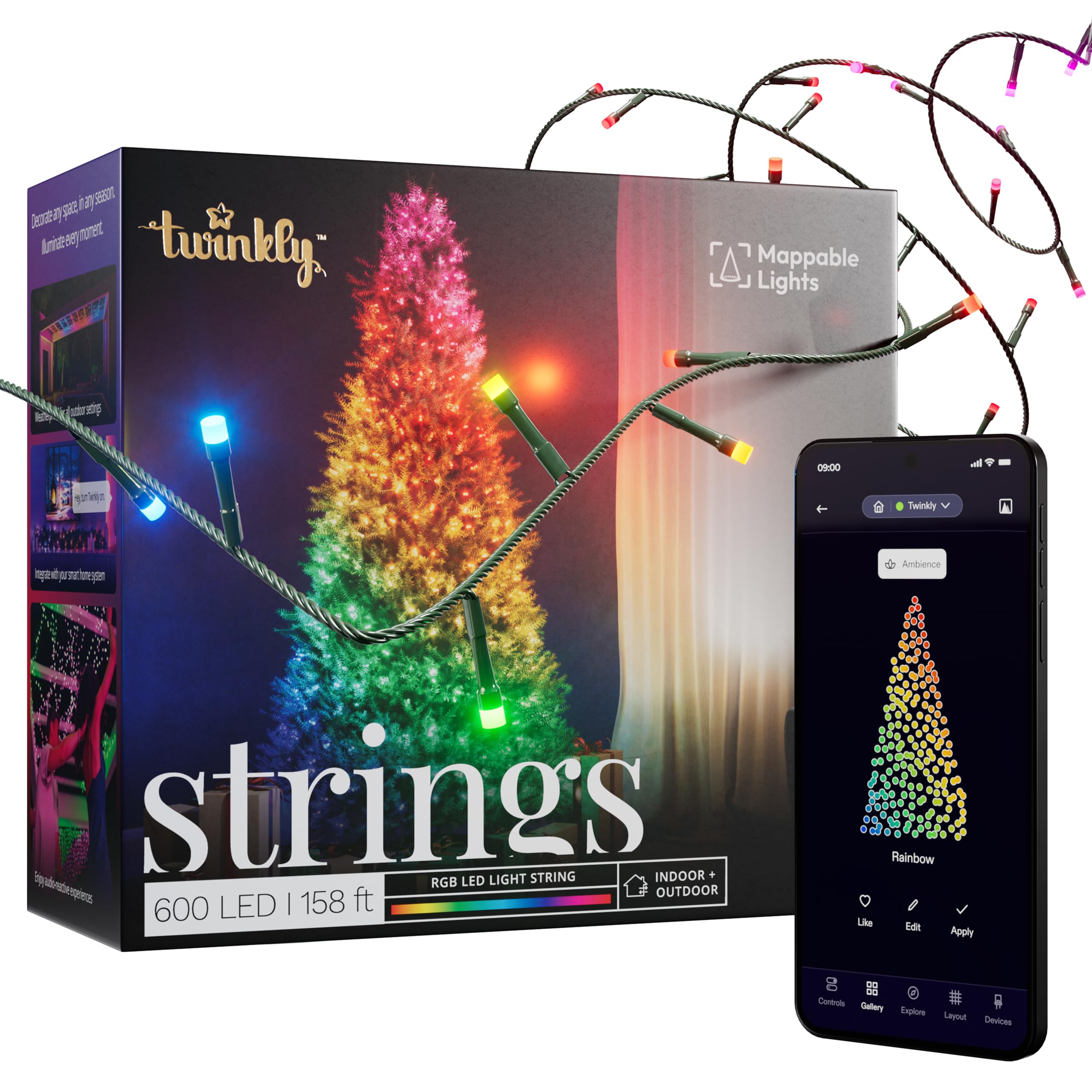 Twinkly Strings 600 LED RGB, Including White, LED Light String, Smart Multicolor LED Lights, Christmas Lights, Mappable LEDs, IP44, Green Wire, Packaging May Vary, 157.5ft