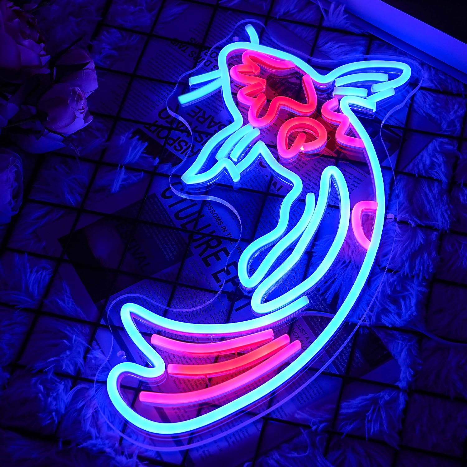 LMSIGNLY Koi Fish Neon Sign LED Light, Dimmable, 17inx9.5in, Blue Red, for Wall Decor, Bar, Restaurant, Office, Koi Pond