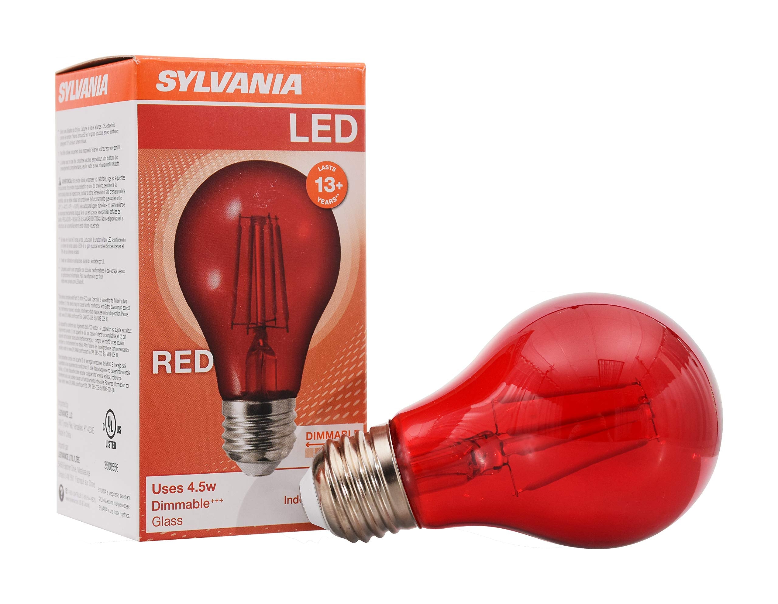 LEDVANCE SYLVANIA LED Filament A19 Light Bulb, Dimmable 4.5W, E26 Base, Red Glass, 1 Count (Pack of 1)