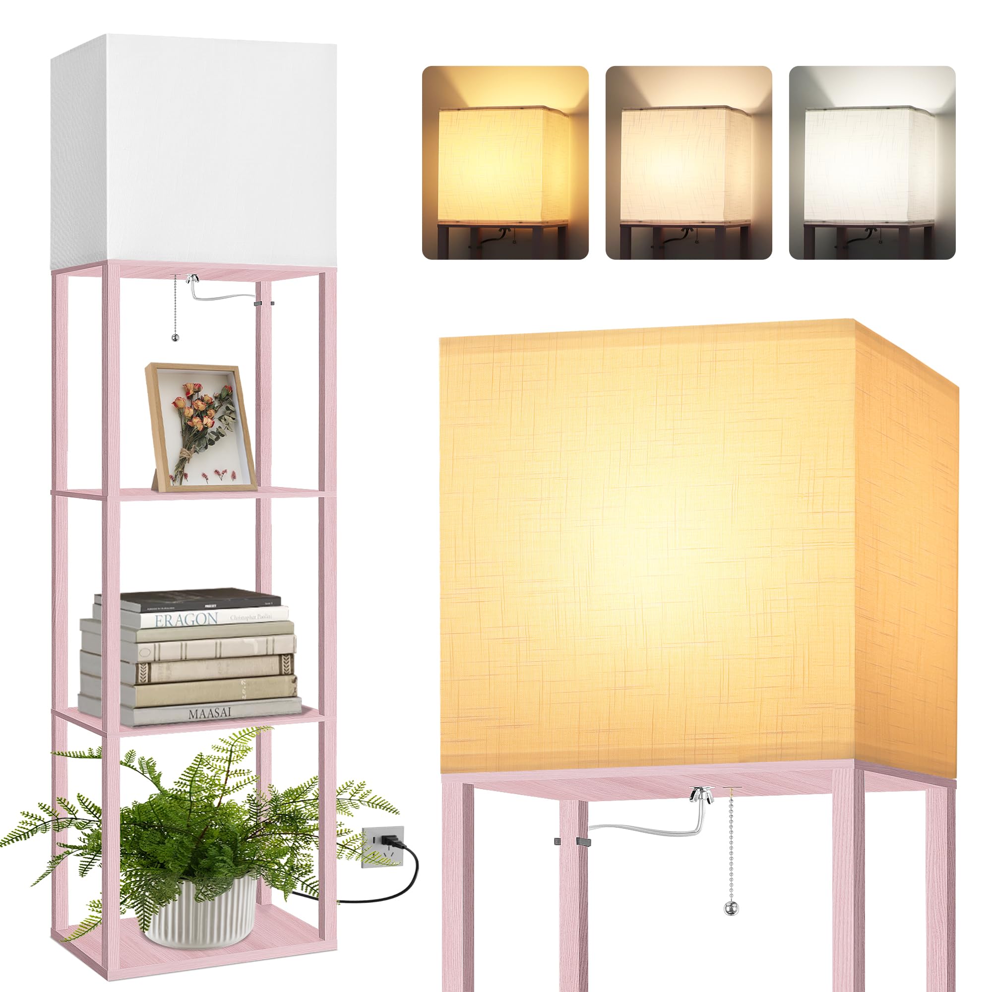 Dott Arts Floor Lamp with Shelves, 15.7in Wide, Wood, Pink, Model WLM1600-FLA-15W-17, Modern LED Display Shelf Lamp for Living Room
