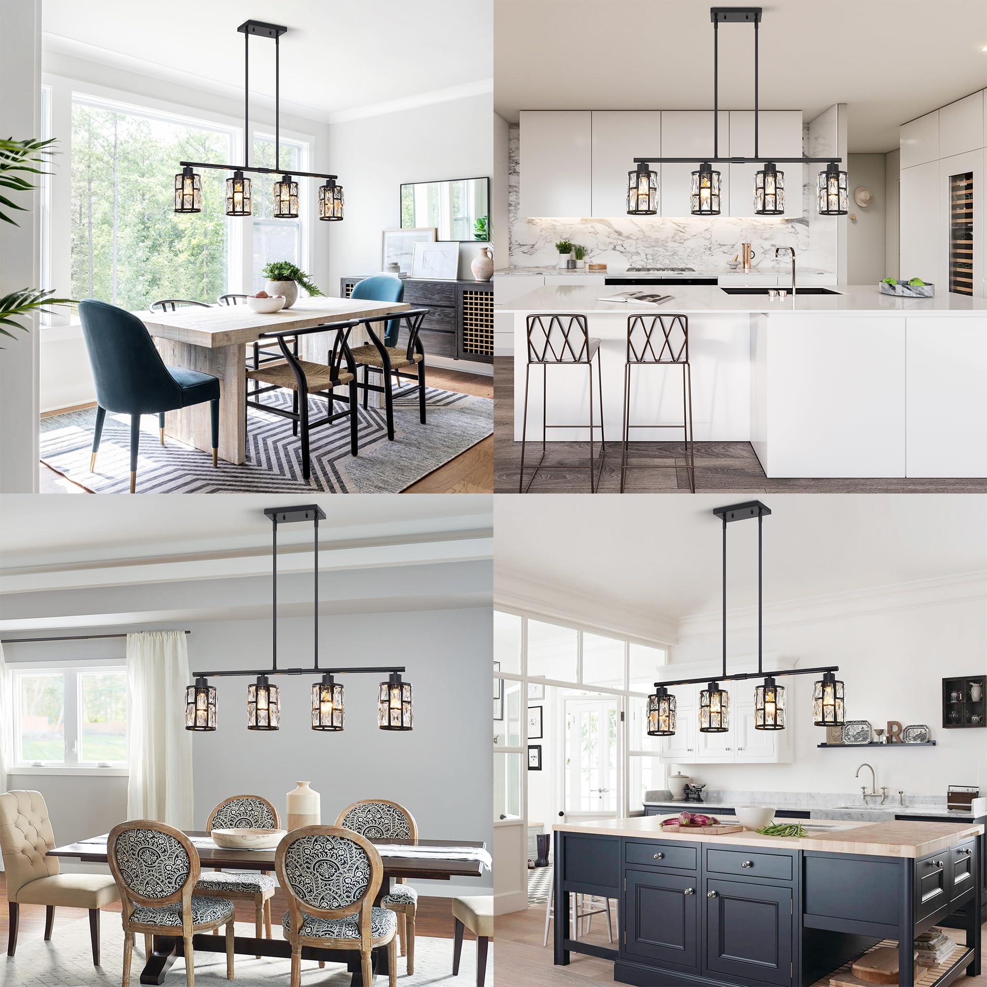 MEXO Crystal Pendant Light Fixture, Matte Black Chandelier for Kitchen Island, Model 10068-BK, Close to Ceiling Lighting