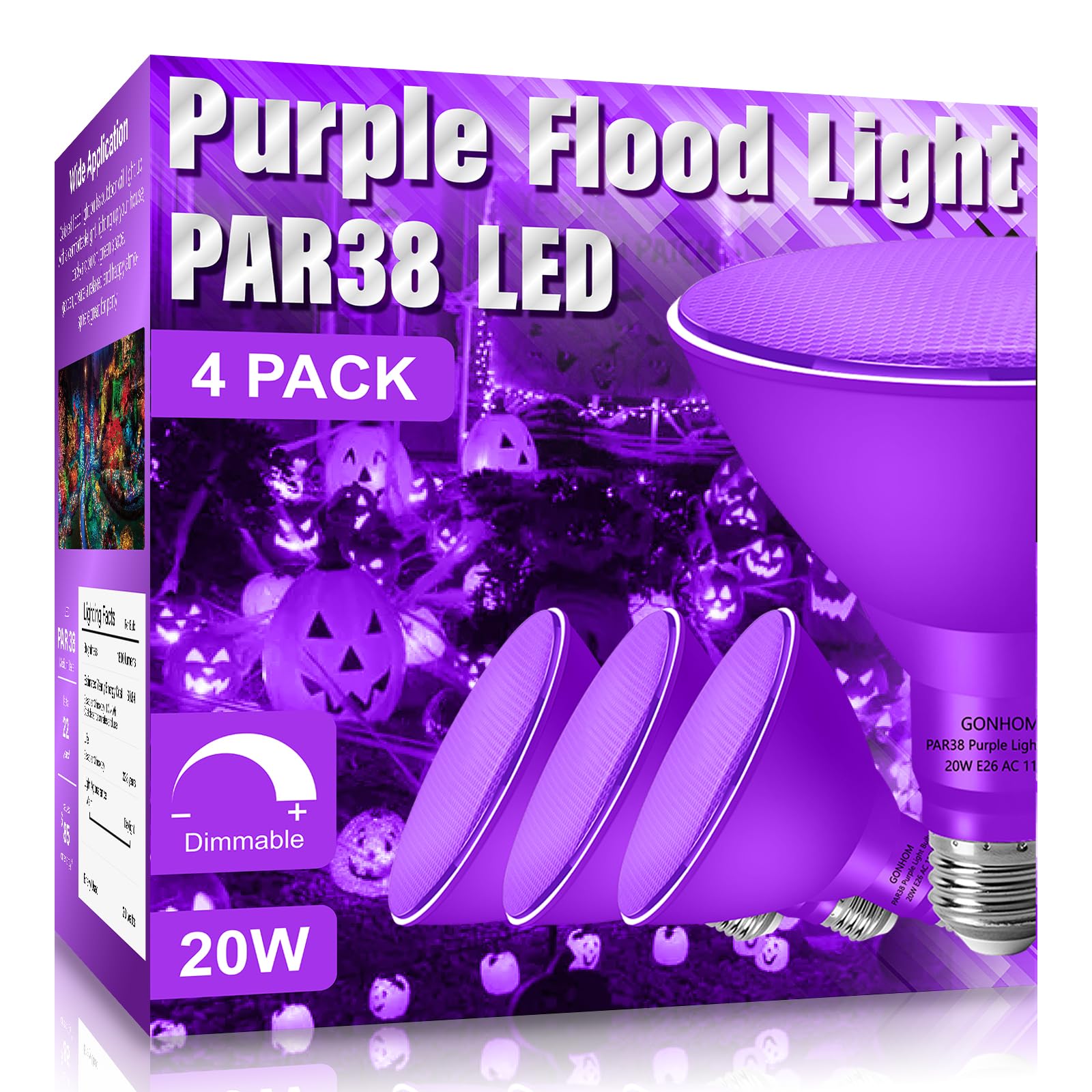 Gonhom 4 Pack Par38 Purple Flood Lights - Dimmable 20W Bulbs For Halloween & Party Decor