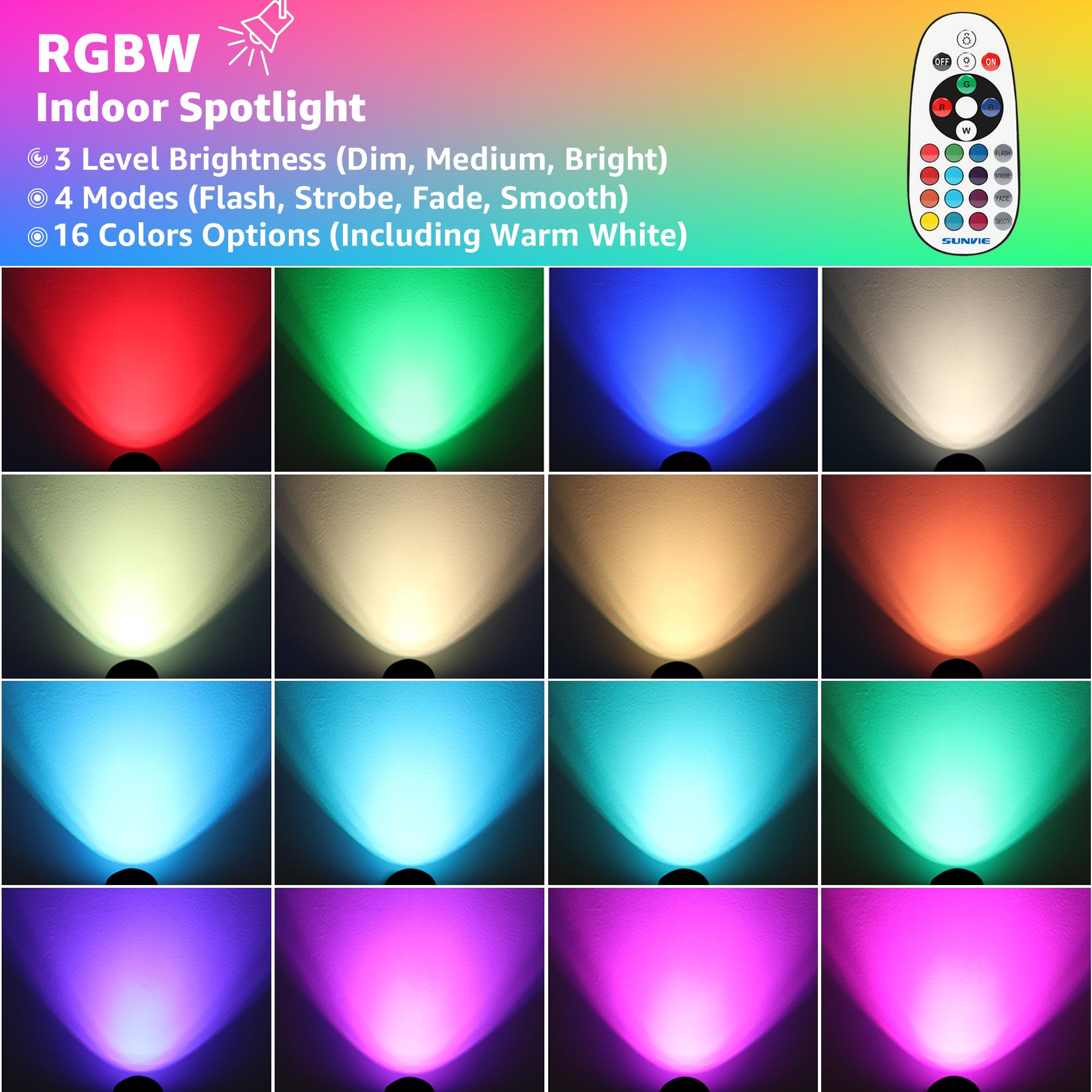 SUNVIE RGBW Christmas Spot Lights, 6W Indoor Uplighting with Remote, Black, Model SHRS0502, 2 Pack
