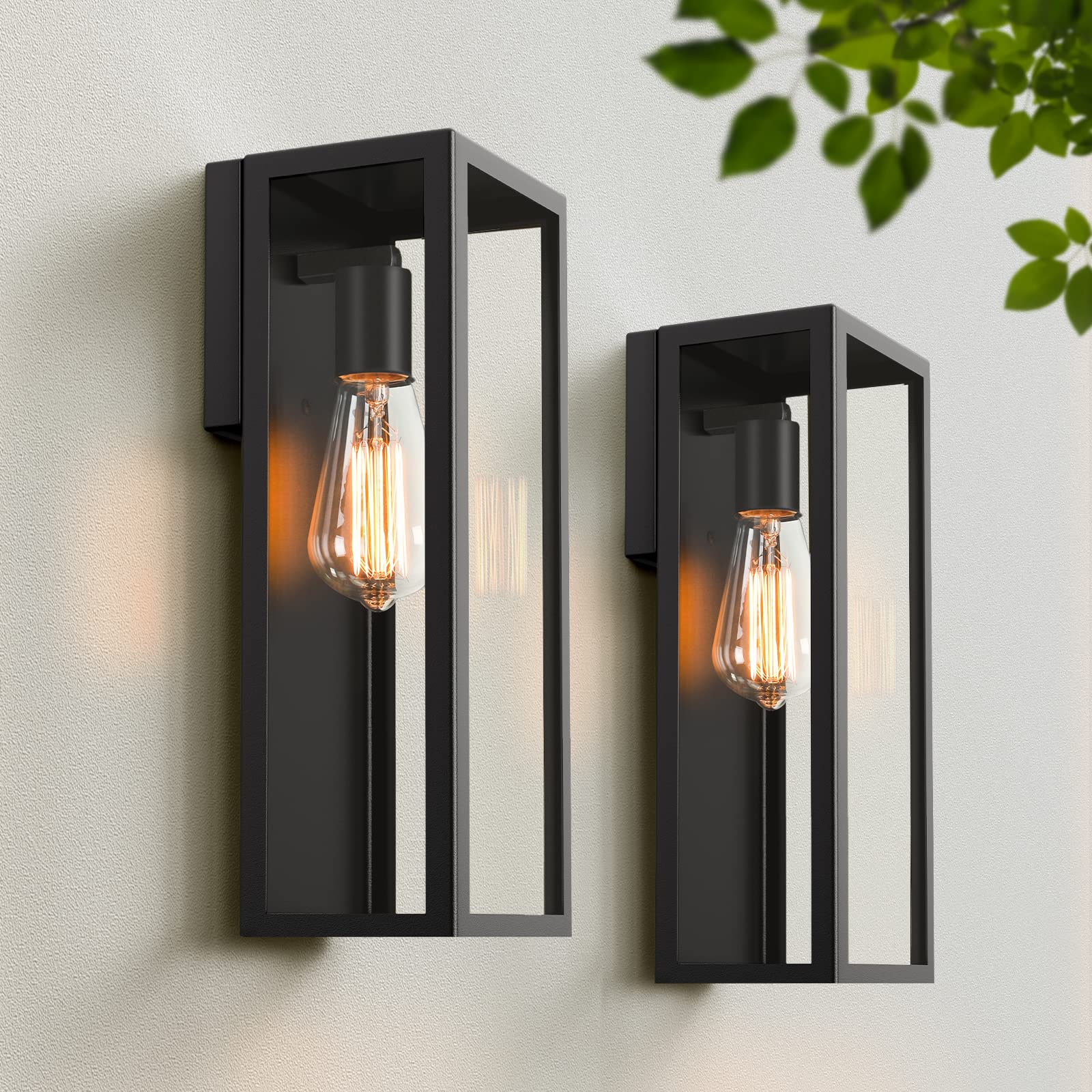 2-Pack Outdoor Wall Lanterns, Exterior Waterproof Wall Sconce with Glass Shades, Matte Black Porch Lights Wall Mounted, Anti-Rus
