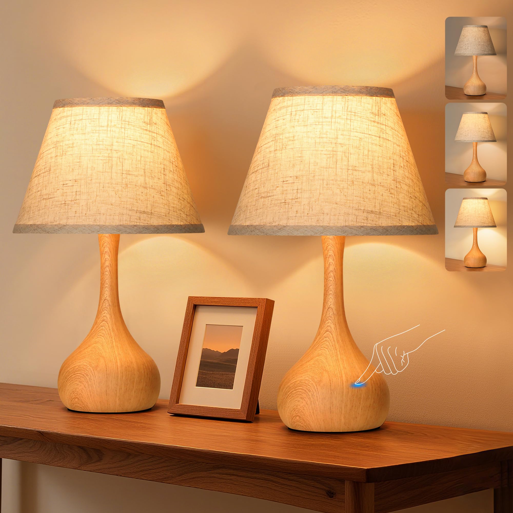 17  Touch Table Lamp for Bedroom Set of 2  3-Way Dimmable Bedside Lamp for Nightstand  Rustic Metal Desk Lamp with Linen Shade for Living Room  Kids Reading  Dorm  Home Office Decor  Bulb Included