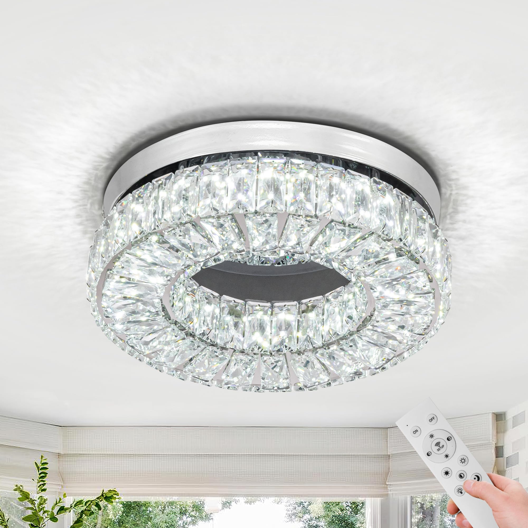 Homlaiting 11.8” Dimmable Crystal Flush Mount Chandelier Light For Bedroom, Kitchen, Living Room
