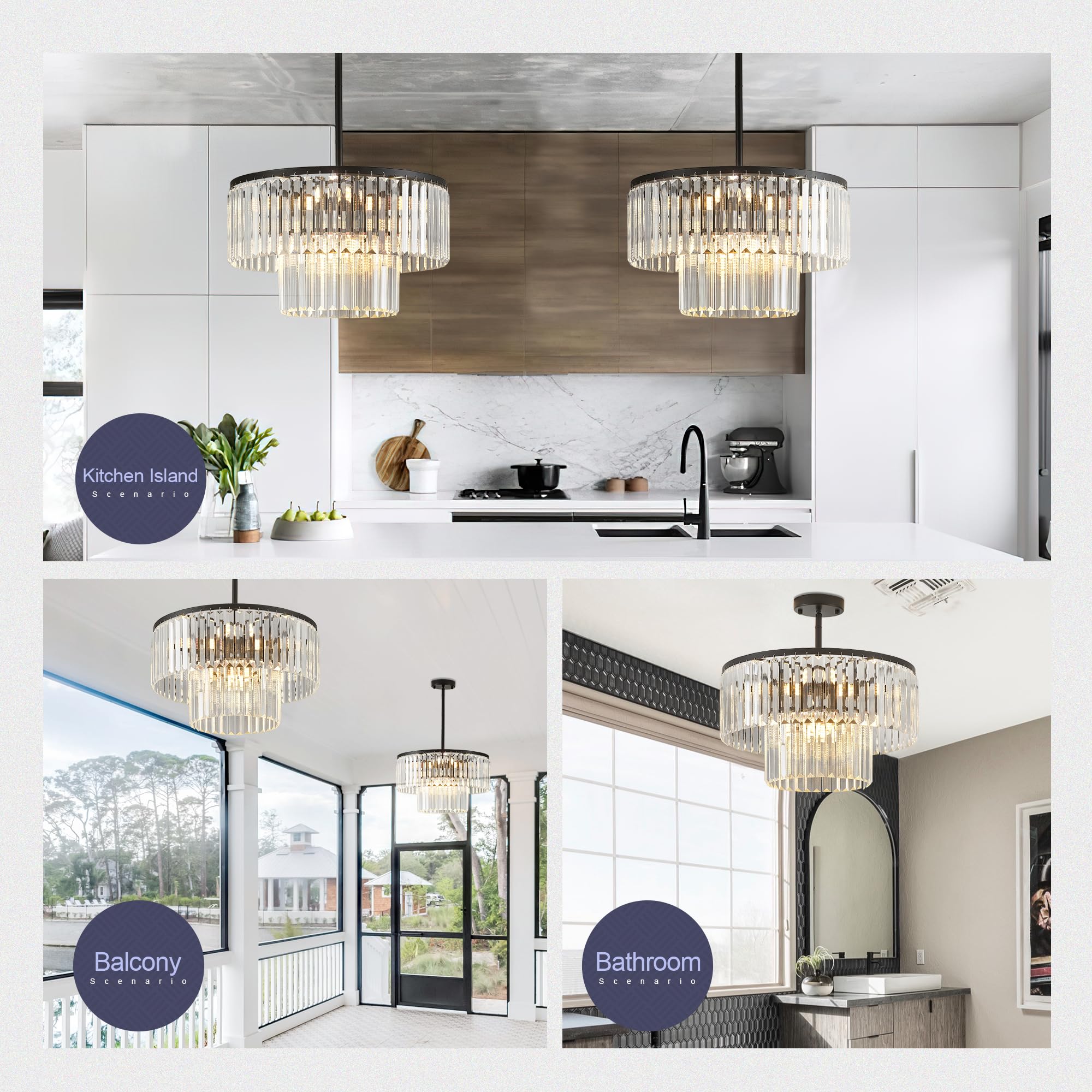 Lighceac 17.7 Black Semi Flush Mount 2-Tier Crystal Ceiling Light Fixtures For Dining Room Modern stylish 8-Light Chandeliers Lighting For Bedroom Entryway Hallway Kitchen Island Living Room Foyer
