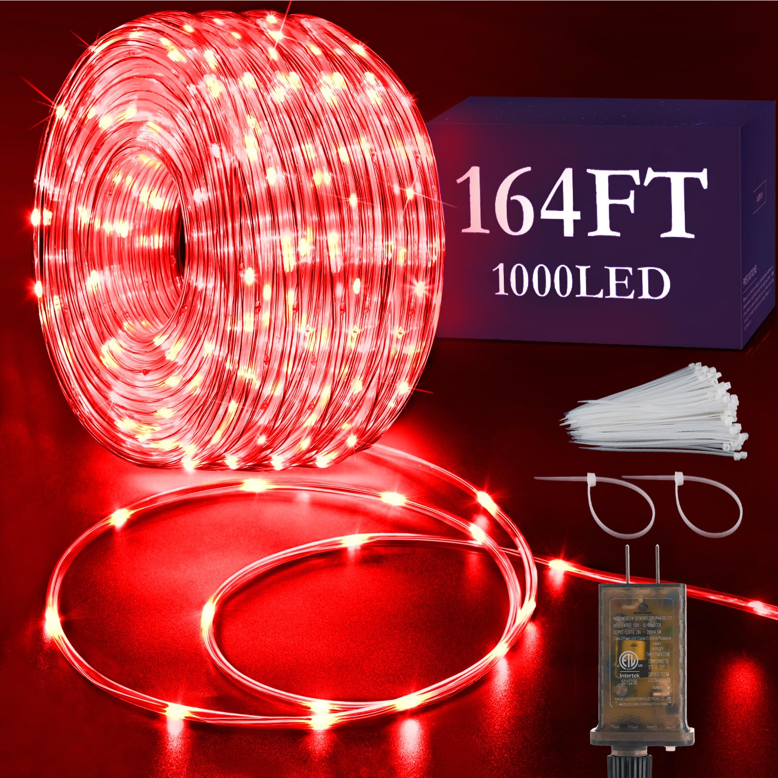KNONEW 164FT 1000LED Rope Lights Outdoor Indoor,String Lights Waterproof 8 Modes Clear Tube Lights for Outside,Bedroom,Wedding,Garden,Patio,Christmas,Tree,Rv,Holiday Decoration(Red)