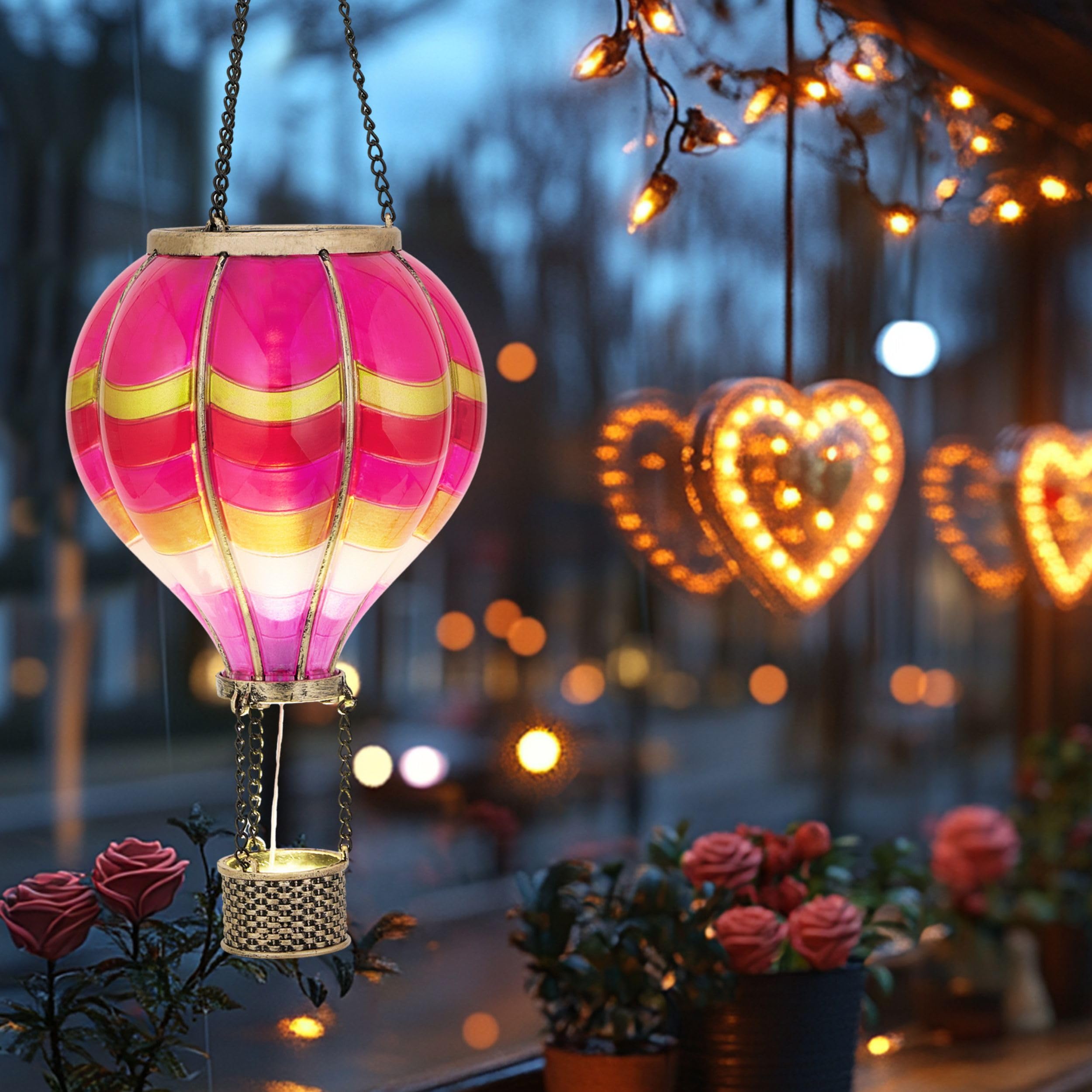 TeresaS Collections Hot Air Balloon Solar Lantern For Valentines Day Garden Decor Hanging Flickering Flame Outdoor Lights For Trees  Pink Decorations For Party Gift For Mom