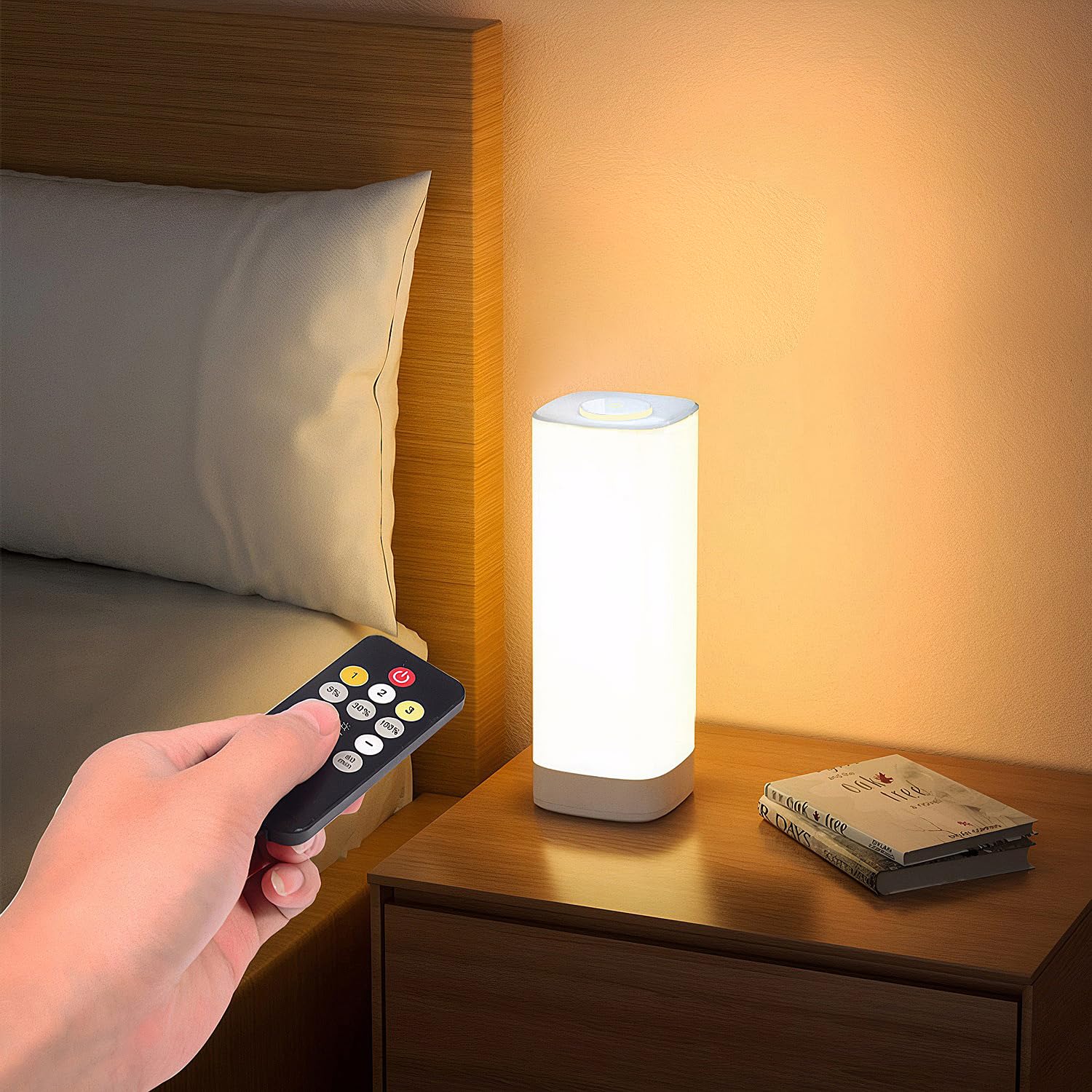 Semlos Battery Operated LED Table Lamp, 10 Brightness Levels, 3 Colors, Square 20cm, White, Model XYD20-CD