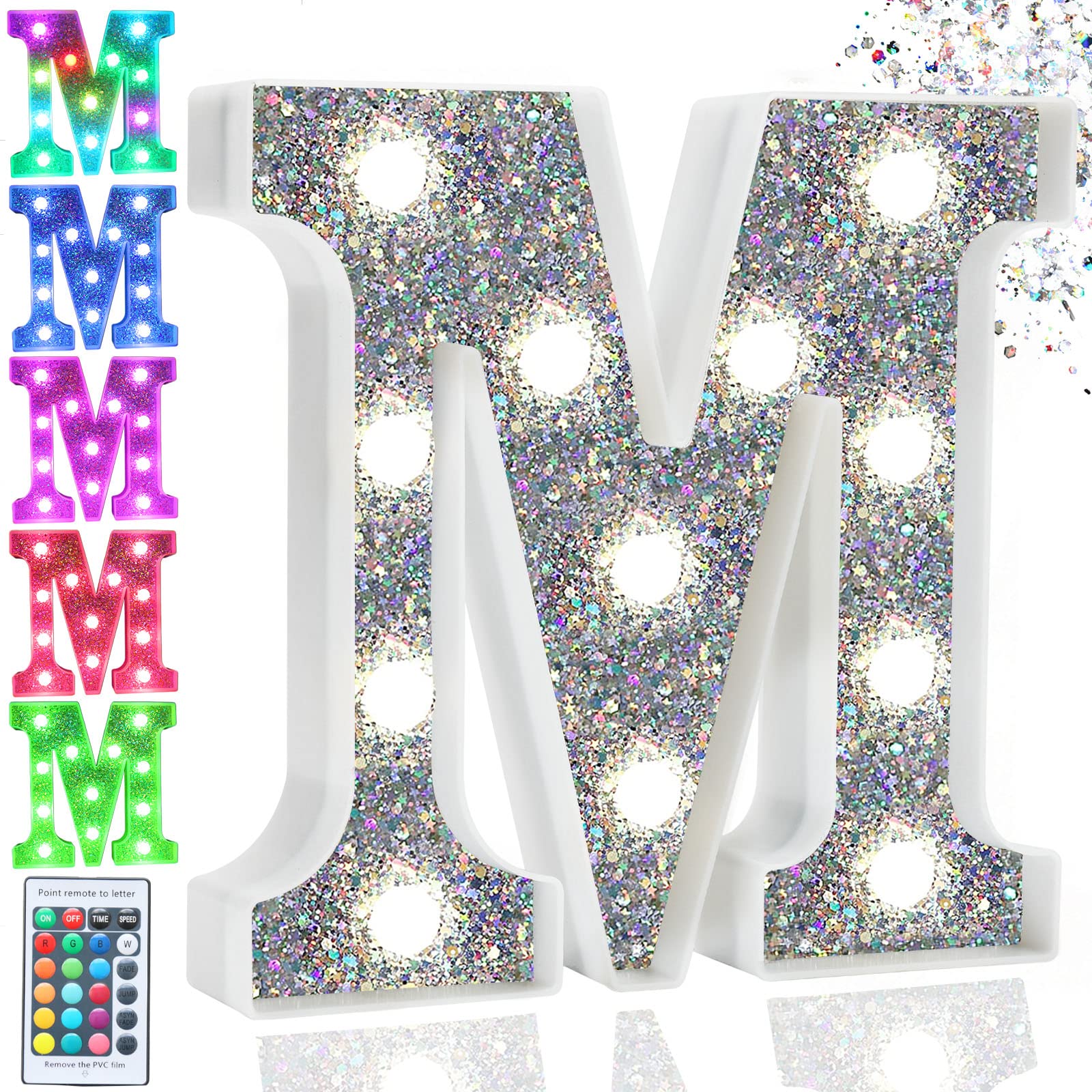 Pooqla LED Marquee Letter Light, Battery Operated, 16 Colors, Silver, Letter M