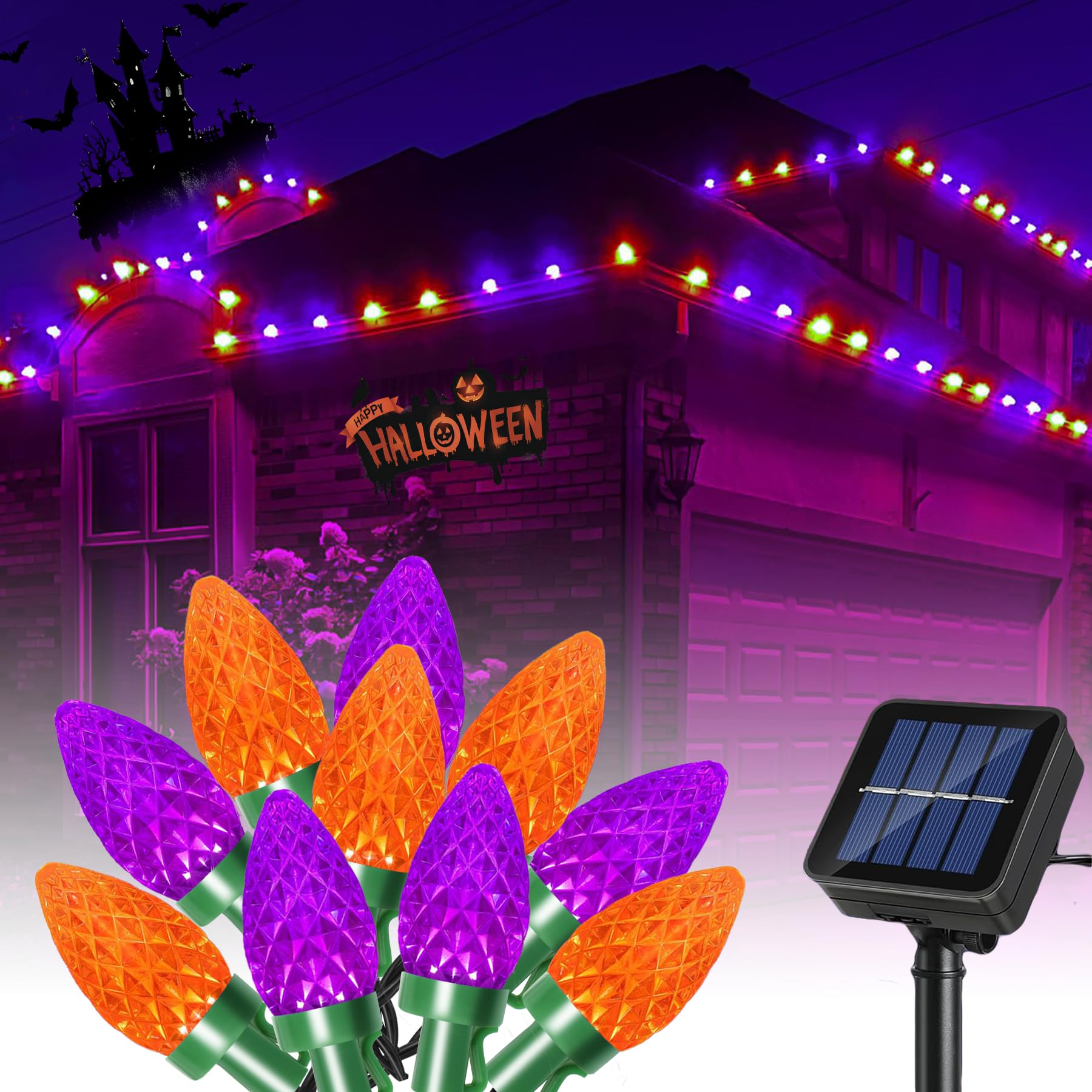 ITICdecor Solar String Lights - 50 LED, 31 Ft, Waterproof, Purple & Orange, Plastic, Model SL-Strawberry-50L-Halloween