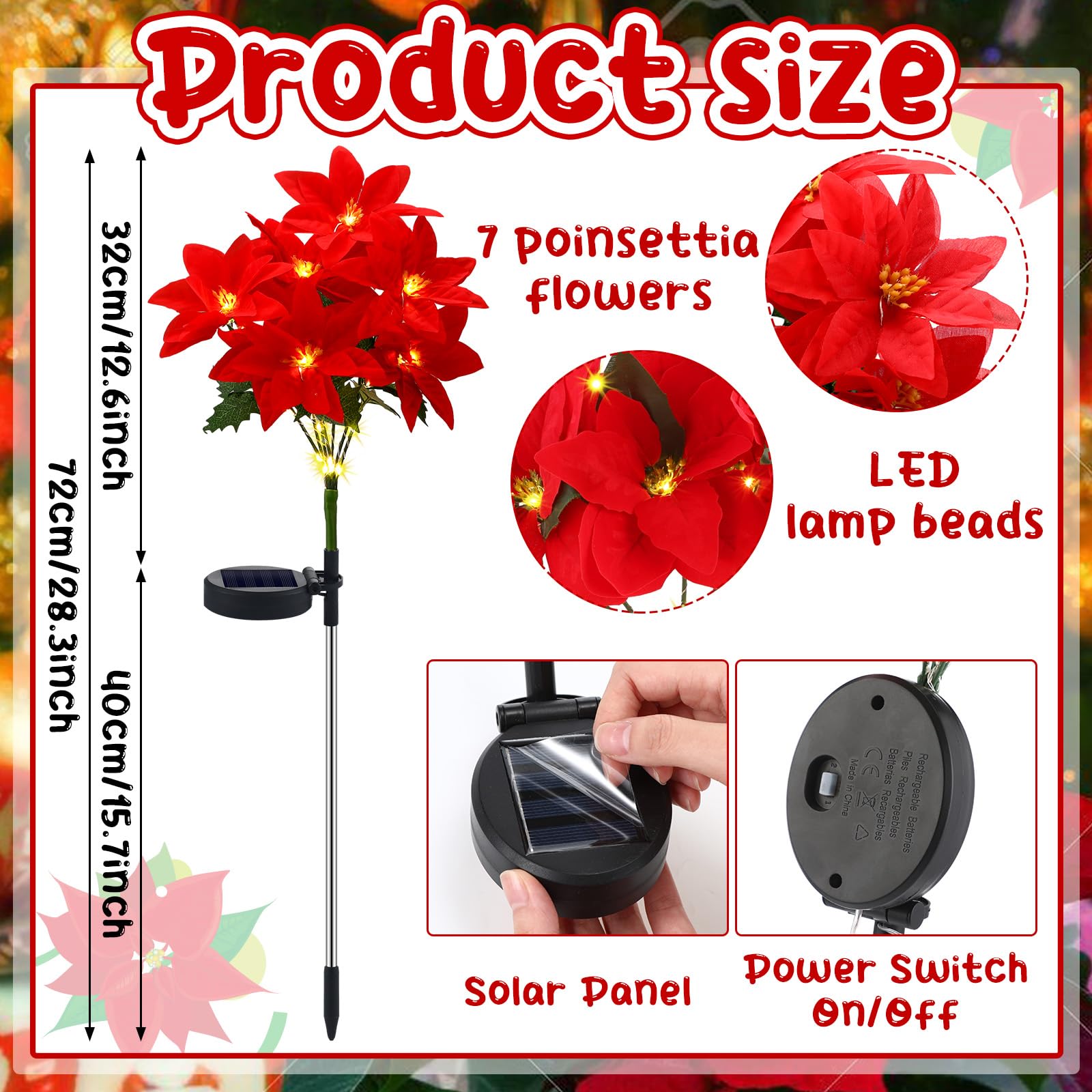 VIHOSE Christmas Solar Poinsettia Lights - Waterproof Artificial Flowers for Outdoor Yard, Lawn, Garden, Pathway - Red & Green (4 Pack)