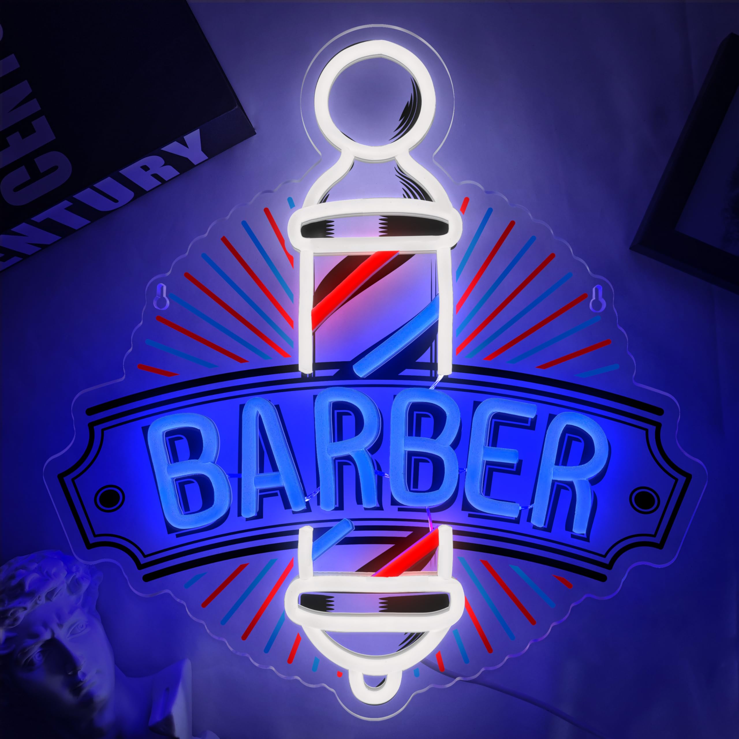 VIKLIU Barber Neon Sign LED Wall Art, 13.8x13.2 inches, Blue Acrylic, Model LFD-UV for Barber Shops & Hair Salons