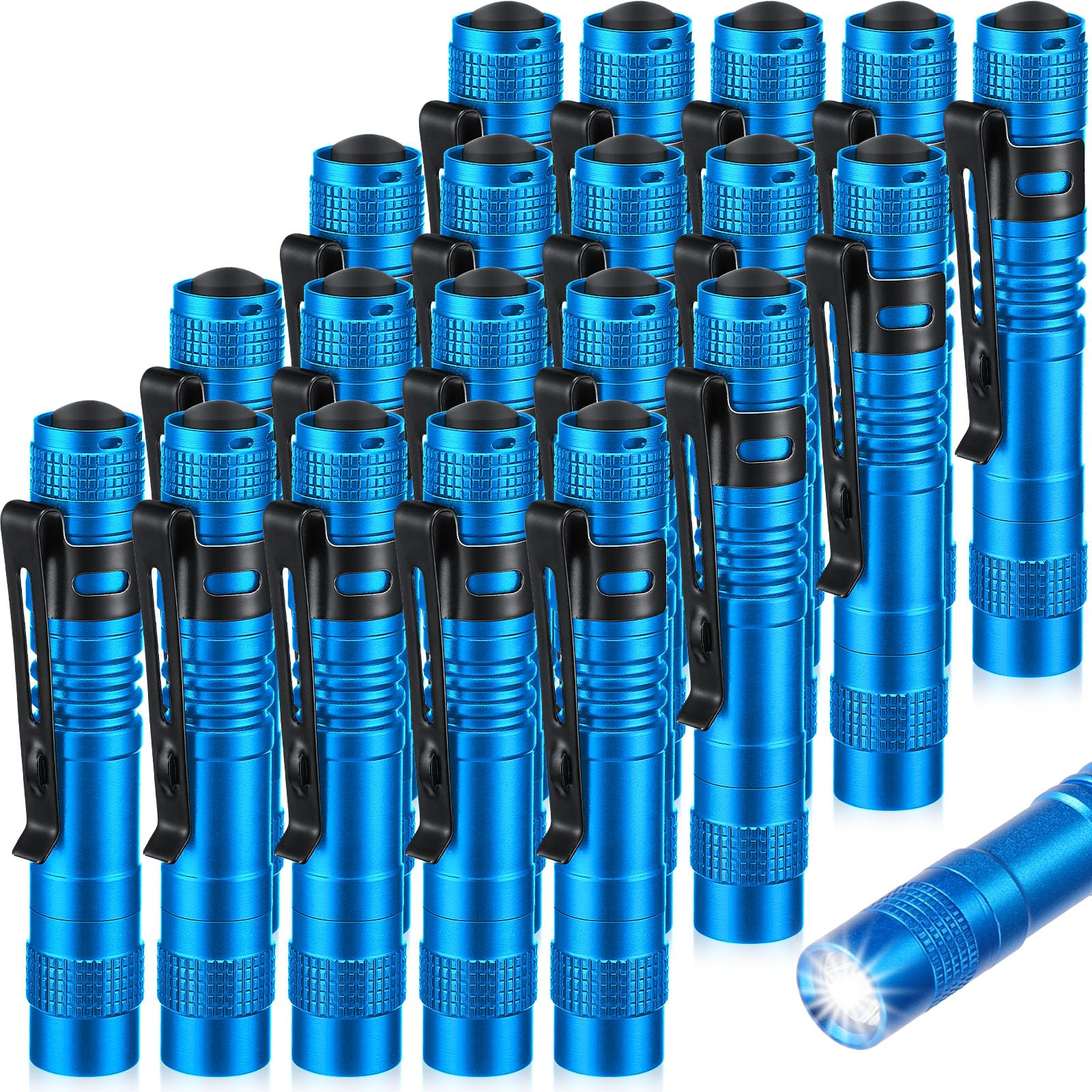 Hortsun Mini Pen Light Flashlight - 3.54 Inch, Blue, Aluminum, Pocket Size, Clip-On, LED Torch, 20 Pcs for Gifts