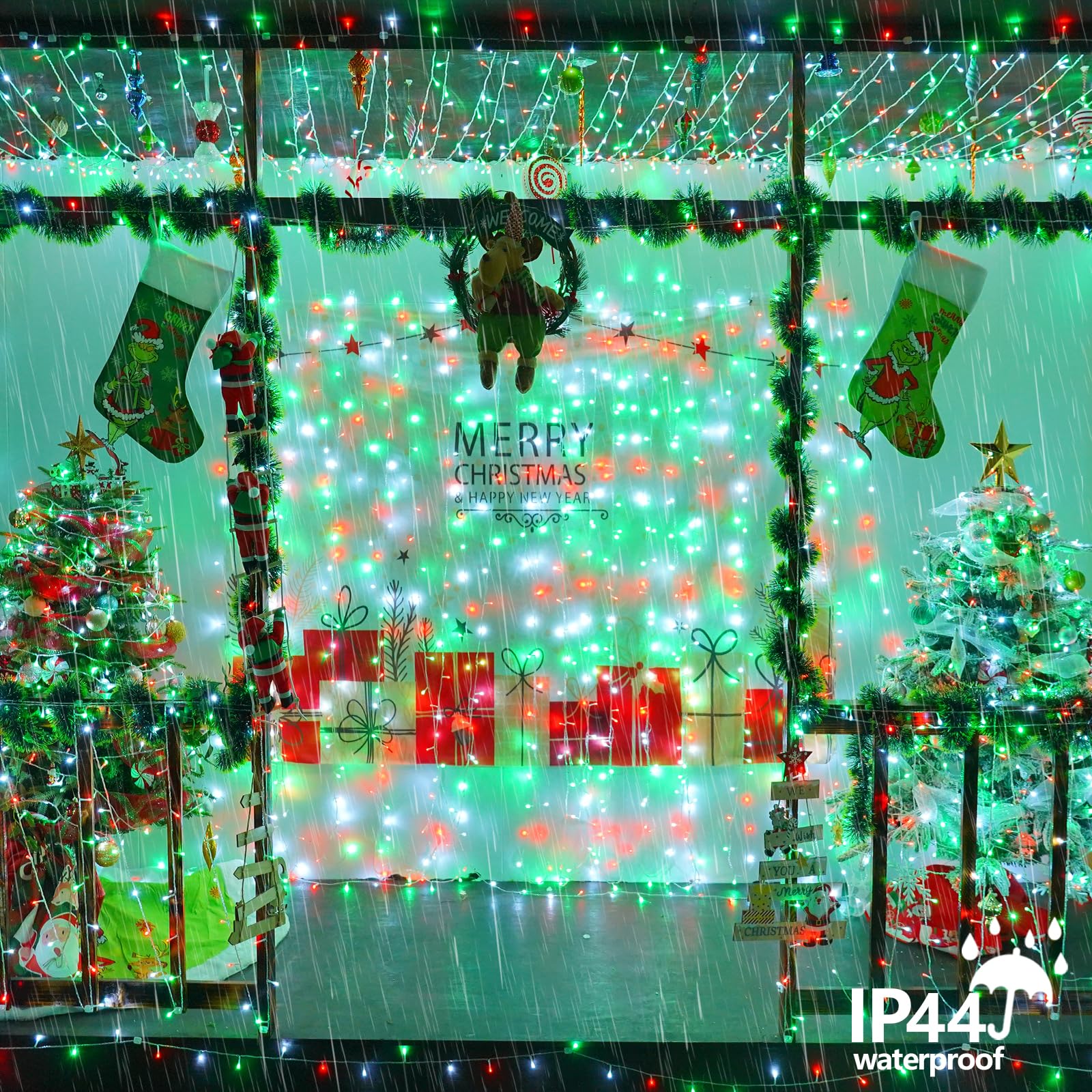 Yeguo 165Ft 500 Led Christmas Lights Outdoor Waterproof  Clear Wire String Lights Indoor Plug In  8 Modes Clear Wire Twinkle Tree Light For Xmas Party Garden(Red White And Green)