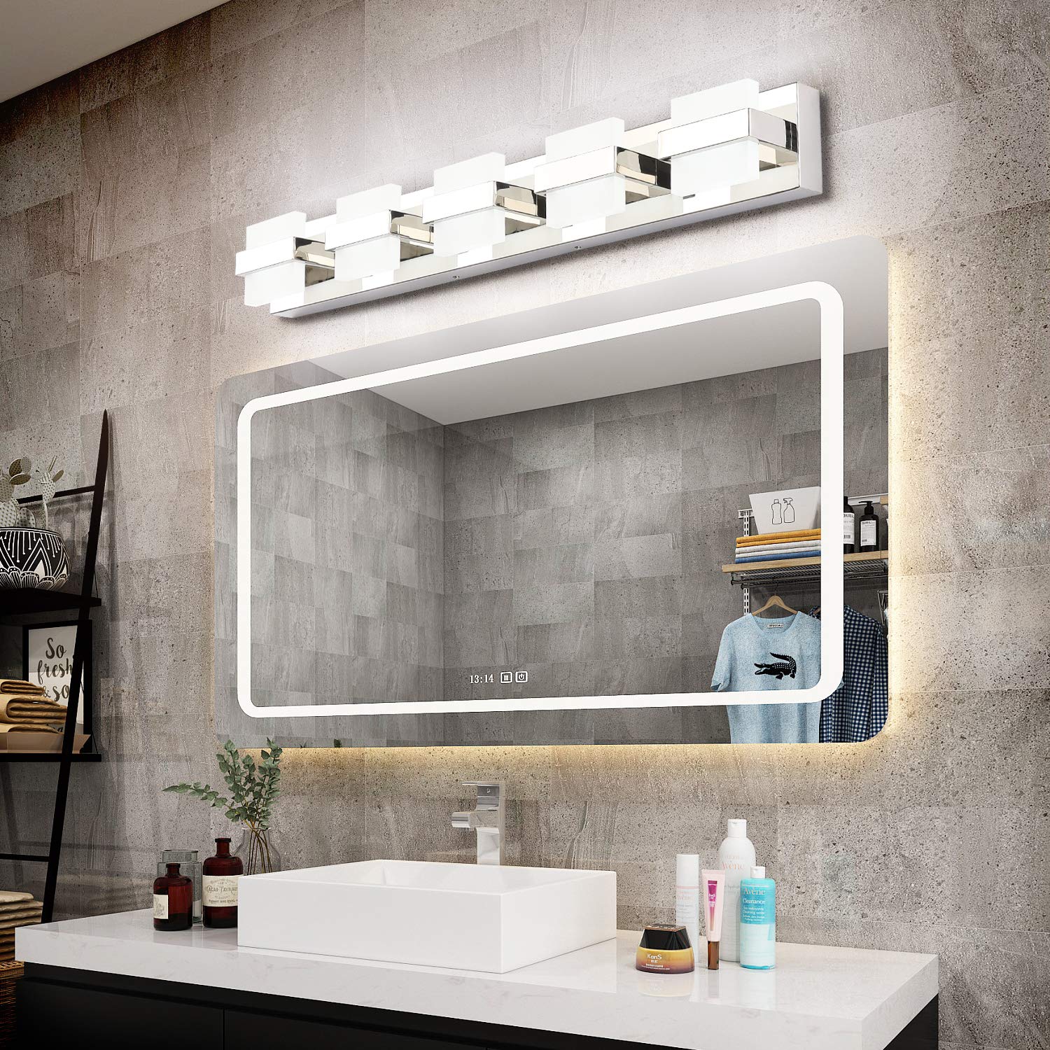 SOLFART 5-Light Dimmable Bathroom Vanity Lights, Chrome Stainless Steel Over Mirror Fixture, Model 7248-5T-WHL, White Light