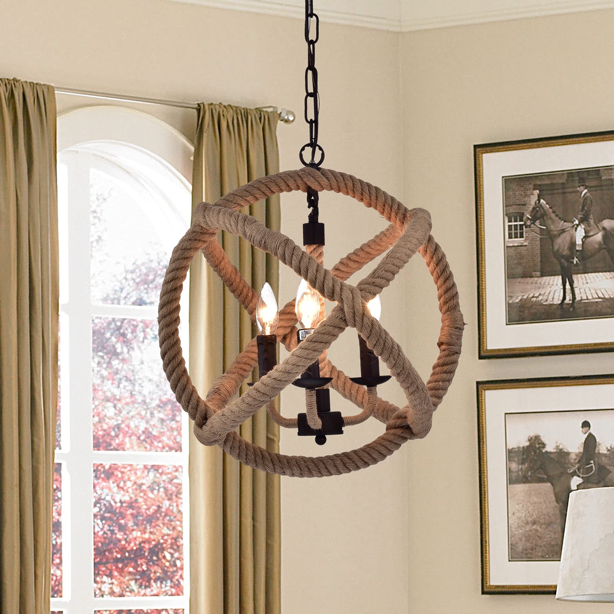 Warehouse of Tiffany Chandelier RL8149AB, 16.5in Antique Bronze Metal with Hemp Rope, Brown/Tan