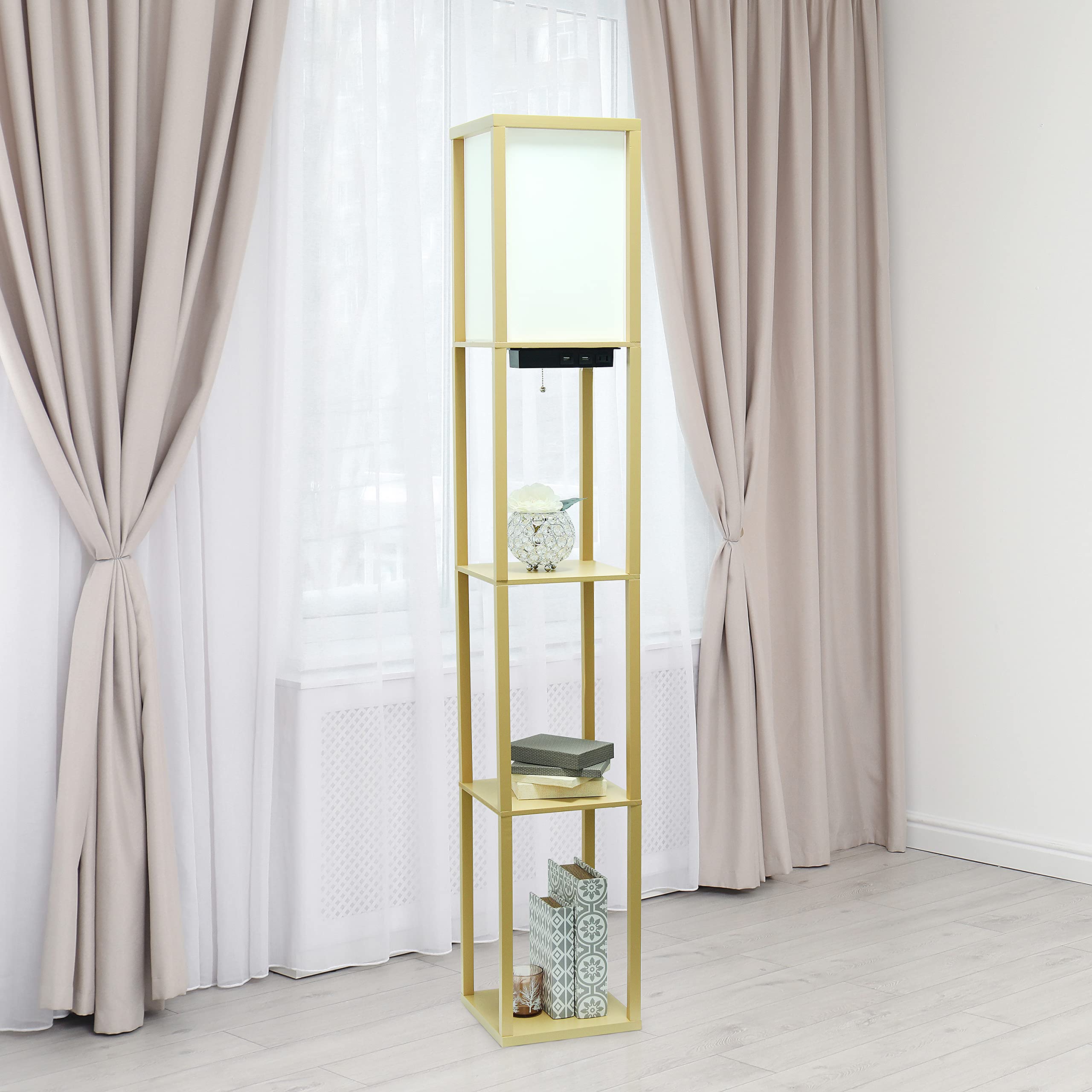 Simple Designs Lf1037-Tan Floor Lamp Etagere Organizer Storage Shelf With 2 Usb Charging Ports, 1 Charging Outlet And Linen Shade, Tan