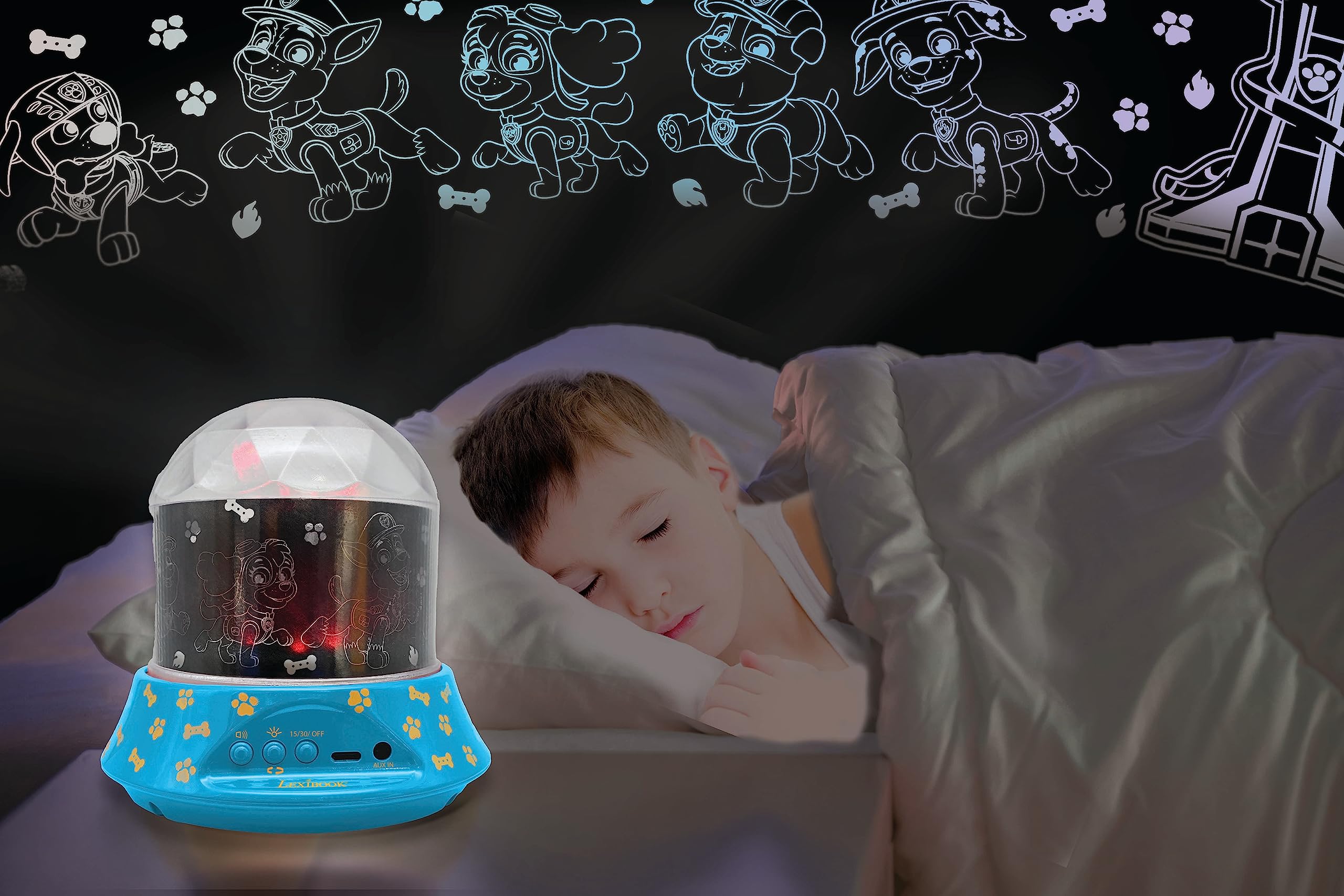 LEXiBOOK Paw Patrol Nightlight Projector with Speaker, Blue, Model NLJ035PA, Kids Bedroom Lamp with Luminous Ceiling Projections