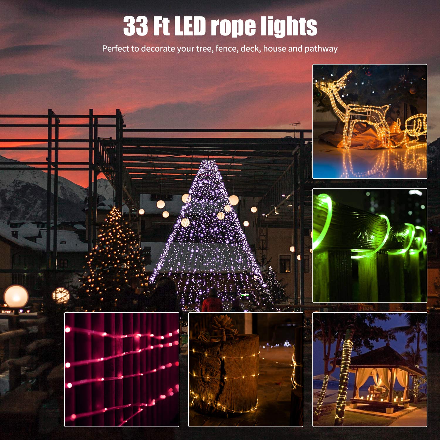 Minetom Color Changing Rope Lights - 33 FT Waterproof String Lights with Plug & Remote for Indoor/Outdoor Use