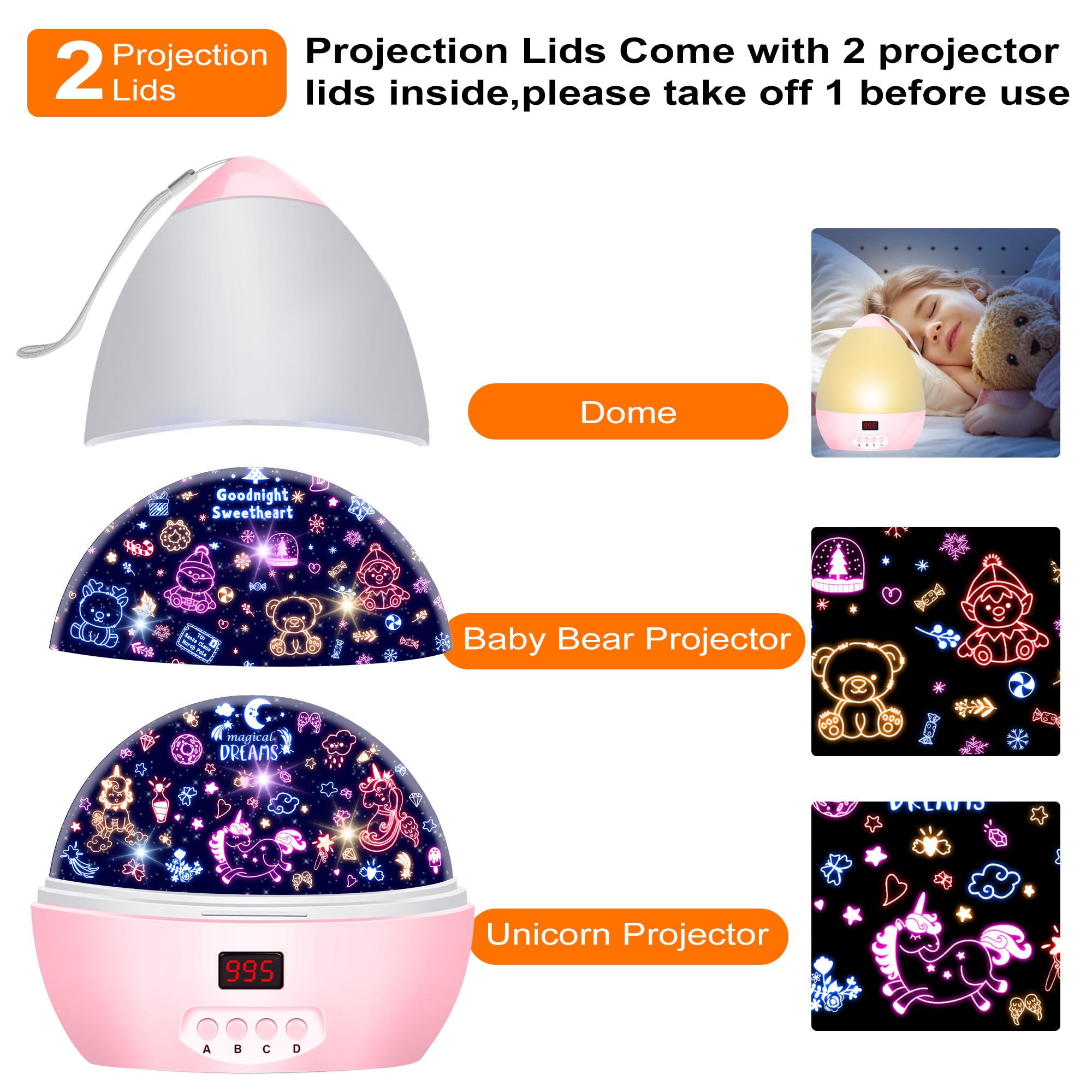 Mokoqi Kid Unicorn Night Light For Girls  And Baby Bear Night Lights Rotating Light Projector With Timer Color Changing Birthday Gifts For 3-5-10 Year Old Girls