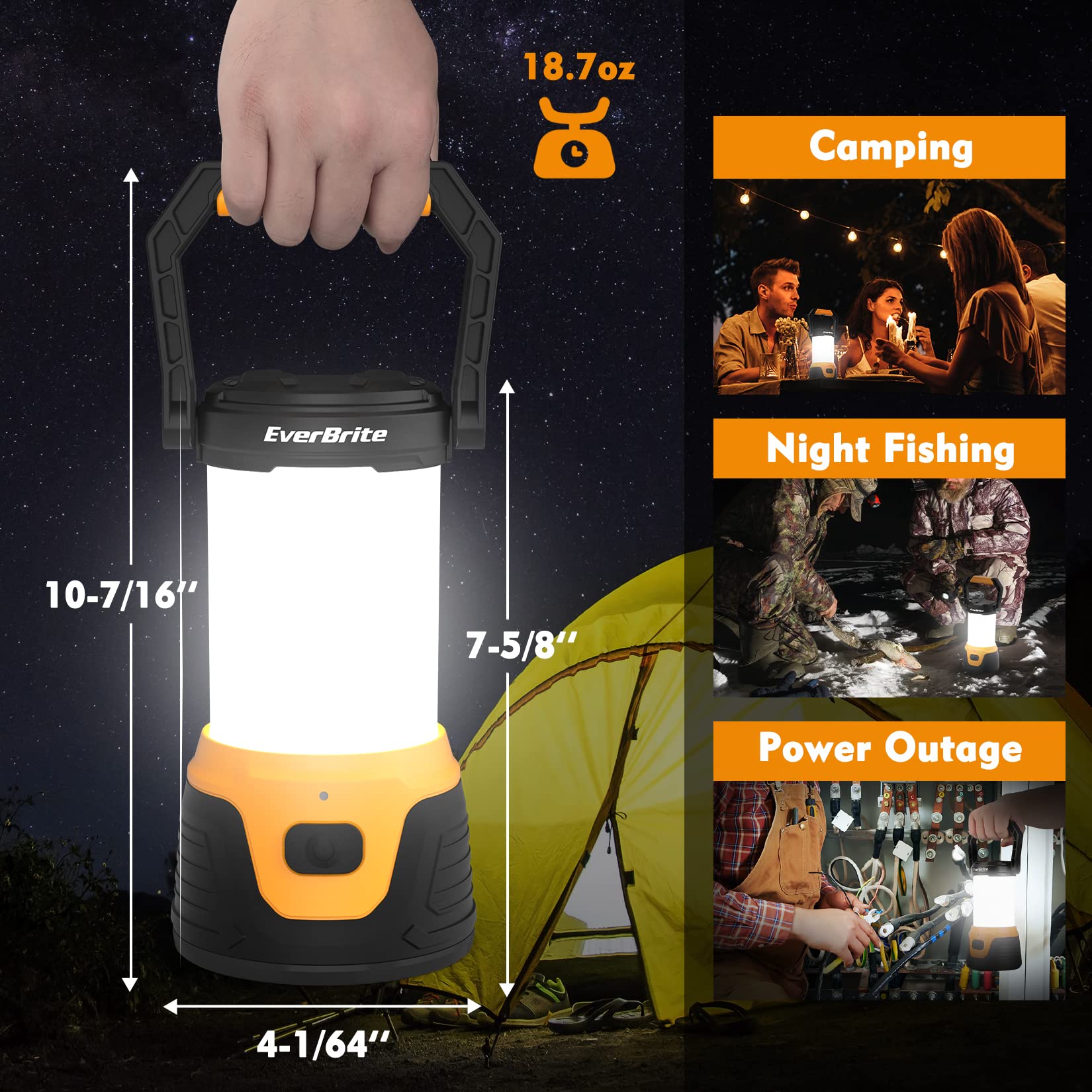 EverBrite Rechargeable LED Camping Lantern, 1000 Lumens, 5 Lighting Modes, Black, Model E041030AE, Ideal for Emergencies and Power Outages