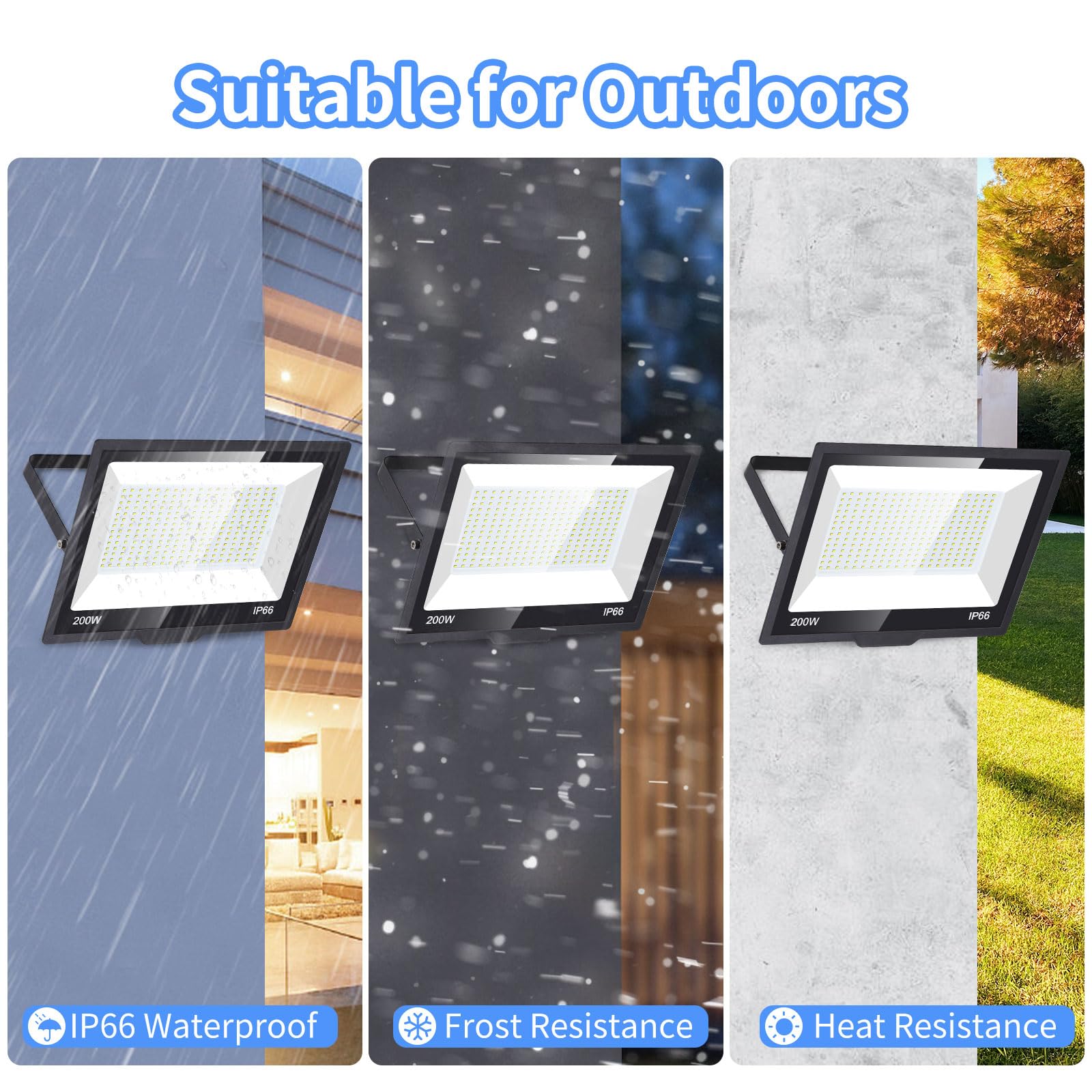 ISUERFY 200W LED Flood Light Outdoor IP66 Waterproof, 24000Lm, 5000K Daylight, Aluminum, 2 Pack, Black/Clear