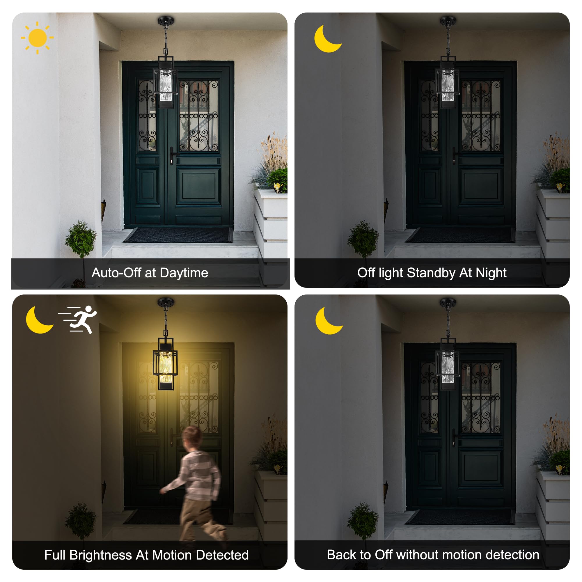 Partphoner Motion Sensor 15'' Outdoor Pendant Light Exterior Hanging Lantern, Modern Black Metal Outside Chandelier Light Fixtur