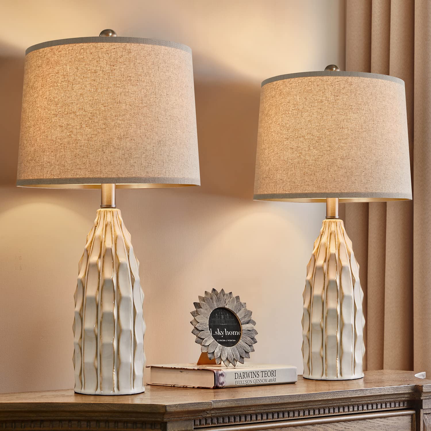 USumkky Ceramic Table Lamps Set of 2, 23.75-inch Cream Bedside Lighting for Living Room and Farmhouse Nightstands, Model YM-AMZ-T1090CR-A