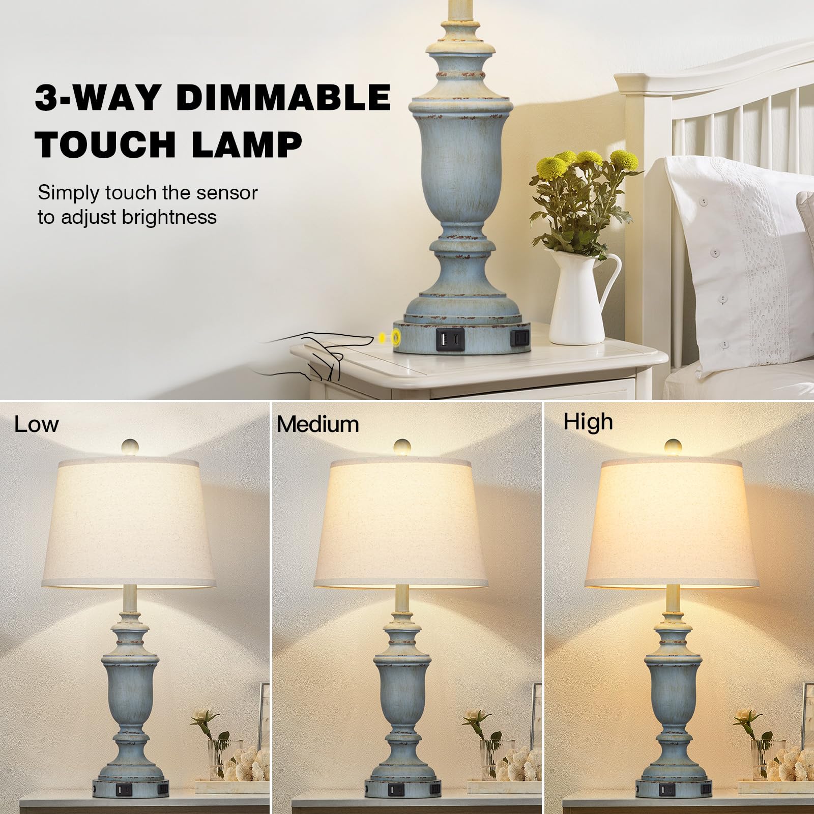 Cinkeda 25.6&quot; Coastal Table Lamps Set Of 2, Usb Ports, 3-Way Dimmable, Retro