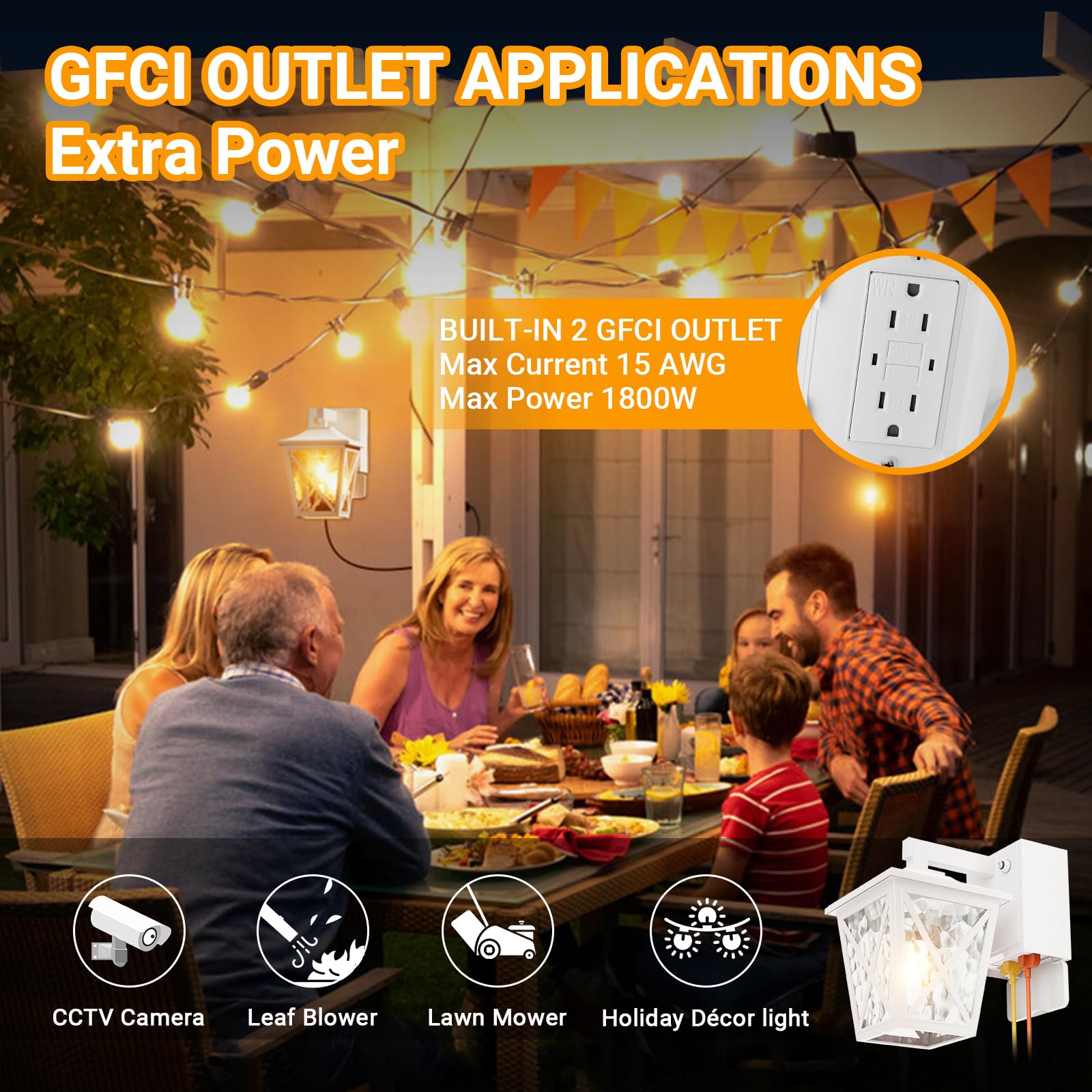 Ehaho Outdoor Porch Light with GFCI Outlet, Waterproof Aluminum Wall Sconce, Dusk to Dawn, 1-PC, White, Model BD03W