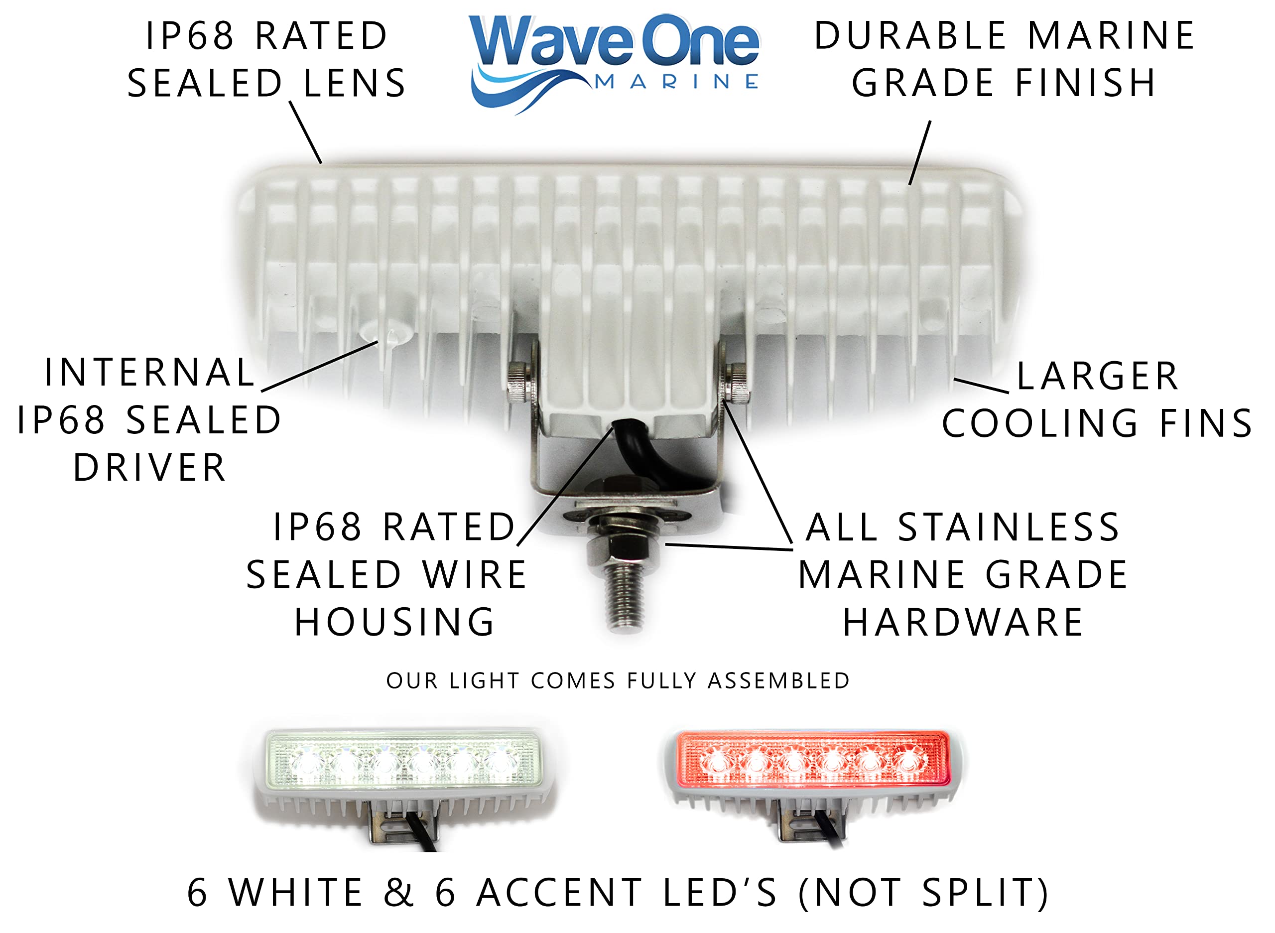 Wave One Marine LED Boat Spreader Light - IP68 Waterproof, Dual Color, Slim Profile, White Housing, Model 101WhiteHousing|DualWR
