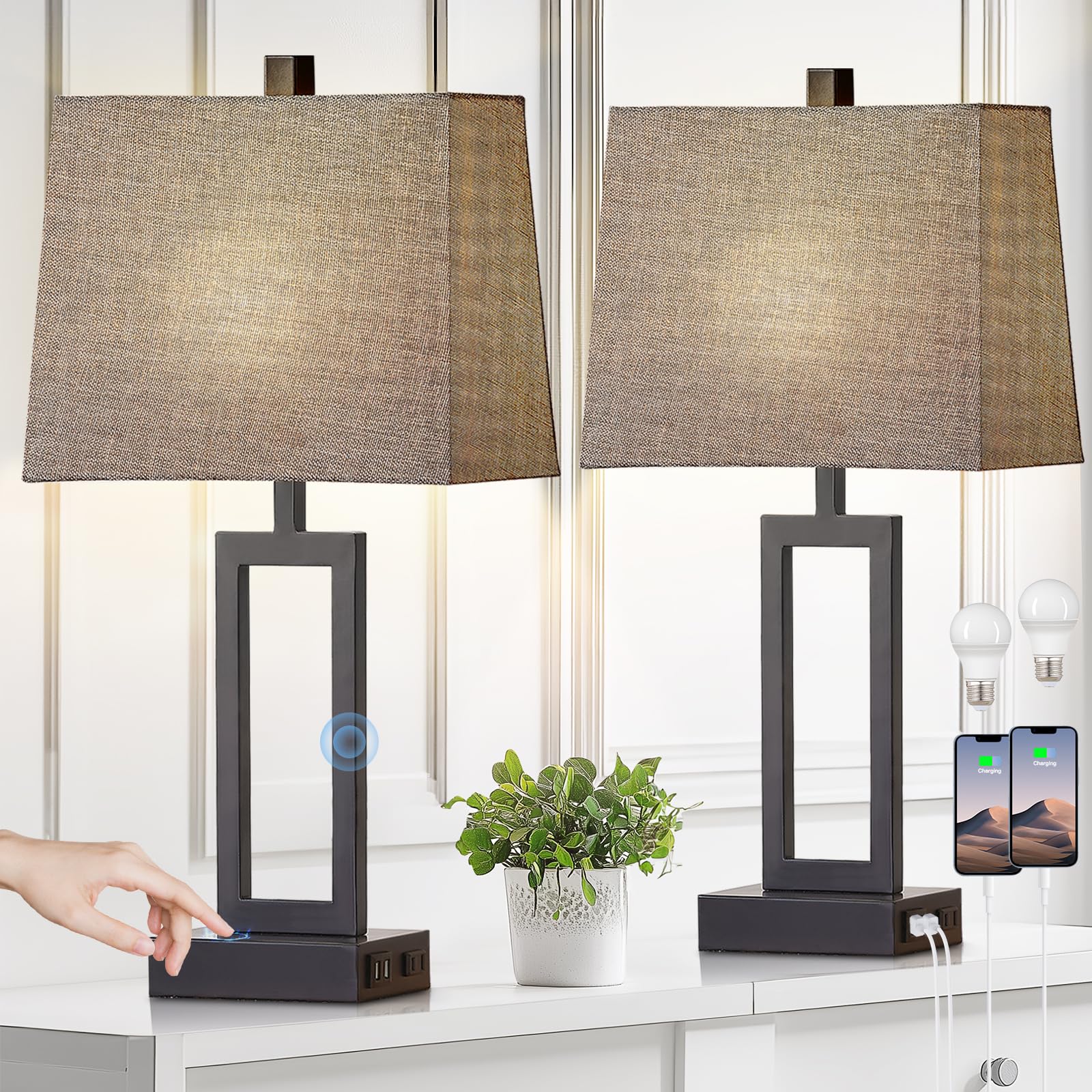 Rinweey Touch Control Table Lamps Set of 2, Modern Bedside Lamps with USB A+C Ports & AC Outlet, 3 Way Dimmable Contemporary Nig