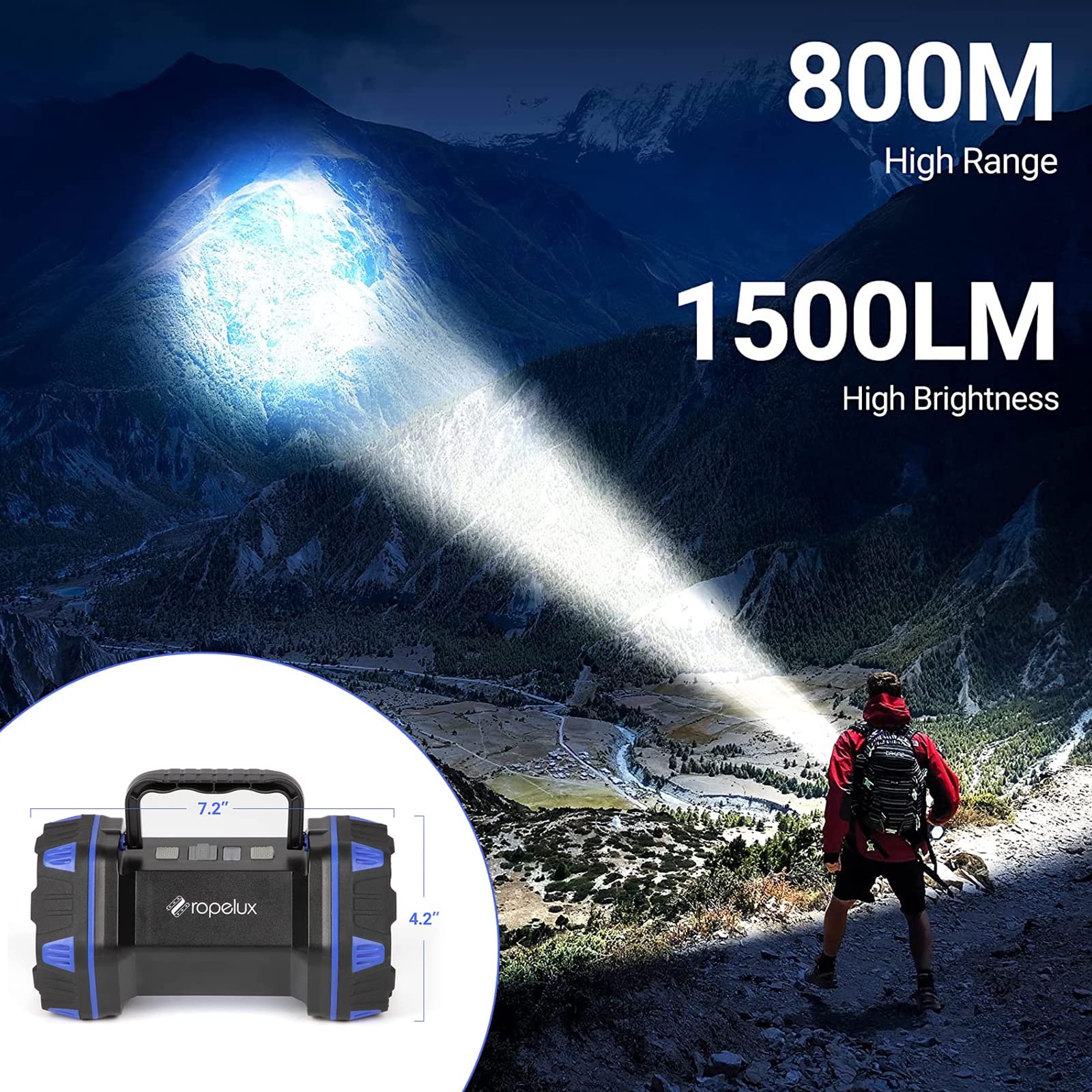 ropelux LED Camping Lantern 1500LM, 8 Light Modes, Rechargeable, Portable Flashlight, 1PACK, Blue, Model HC-262