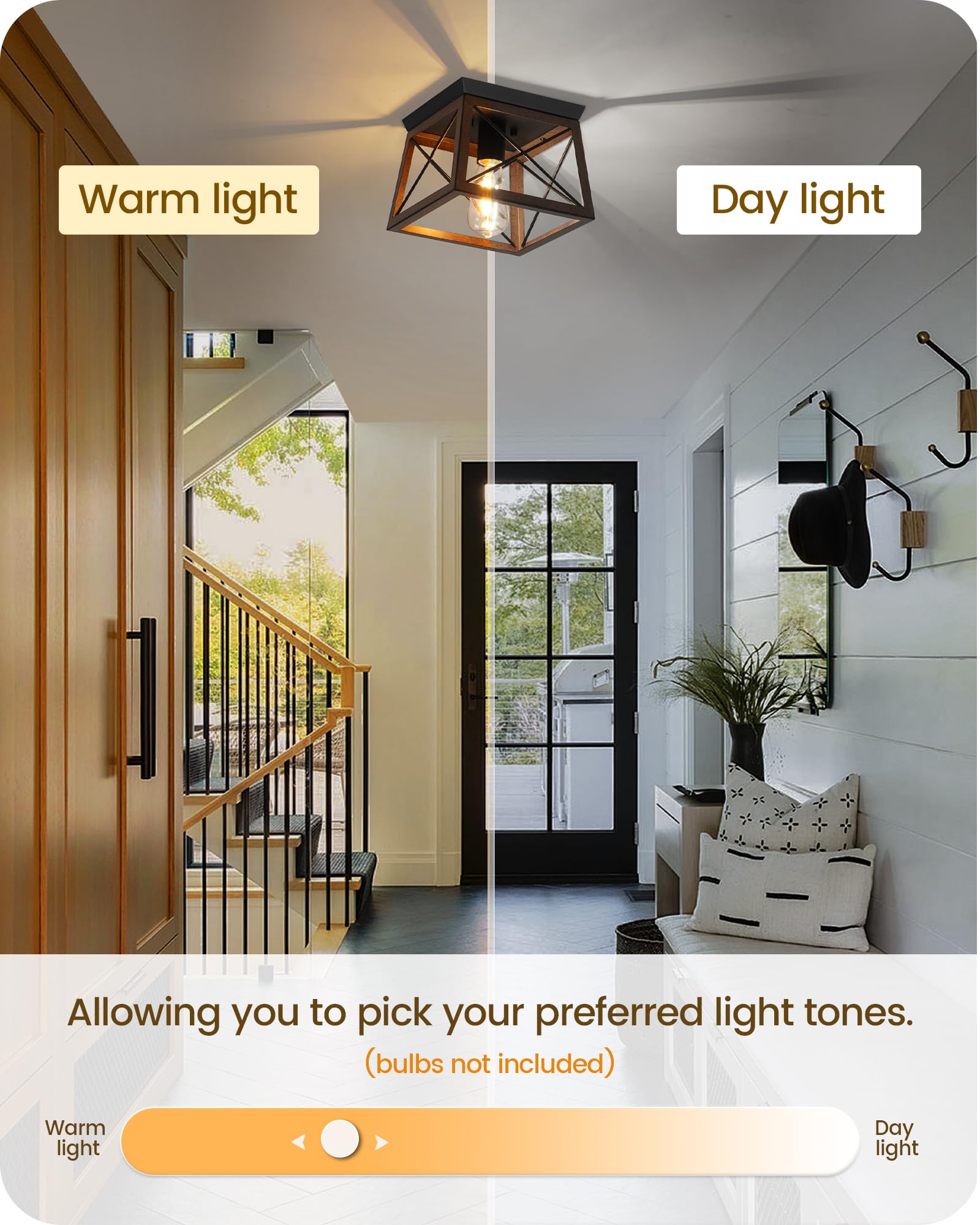 Goebleson Farmhouse Ceiling Light With Night Light, Flush Mount Ceiling Light Fixtures, Rustic Wood Flush Mount Hallway Lamp, 2-