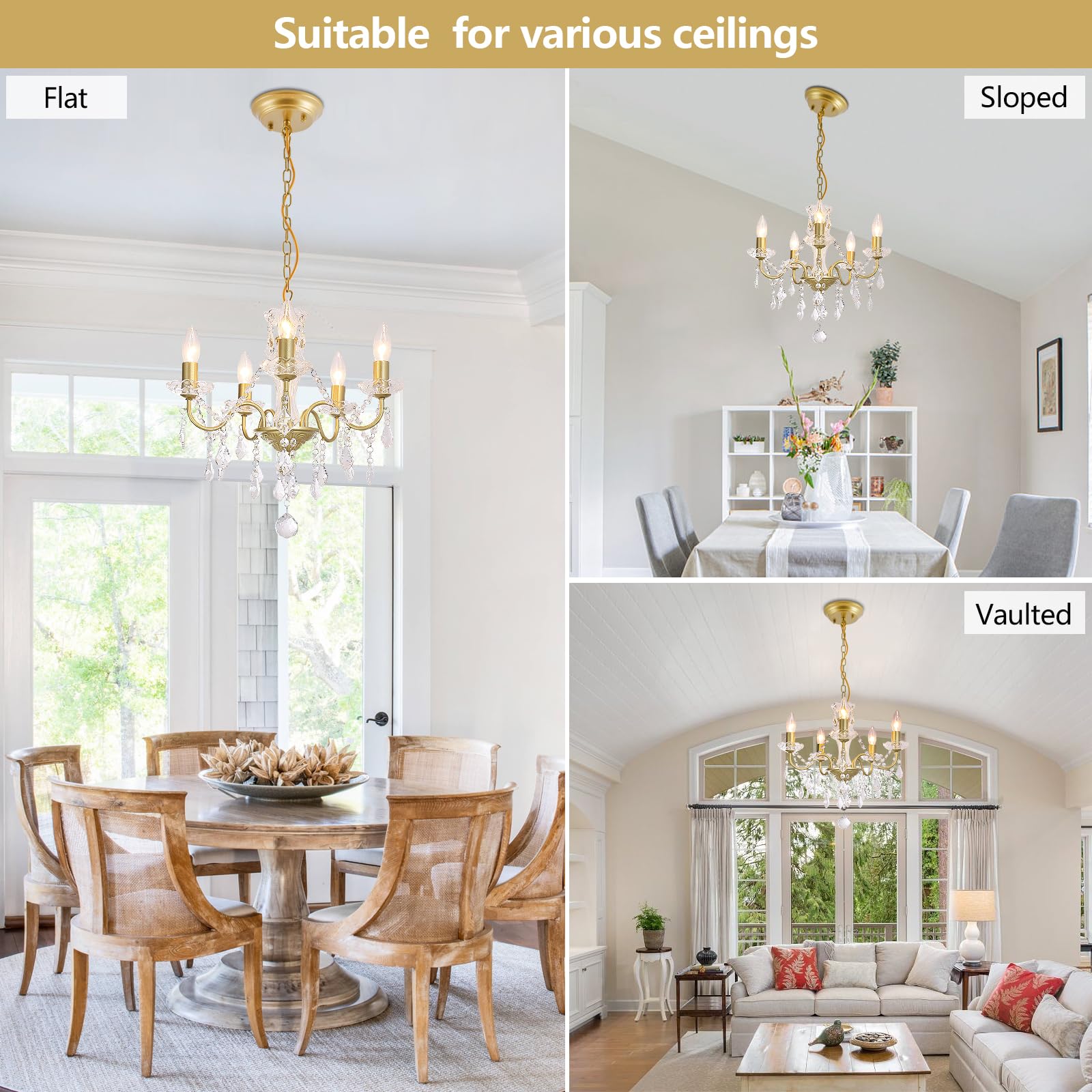 Chanlited Modern 5-Light Gold Chandelier With Glass Crystals, Candle Style Pendant Light Fixtures For Living Room, Girls Room, K