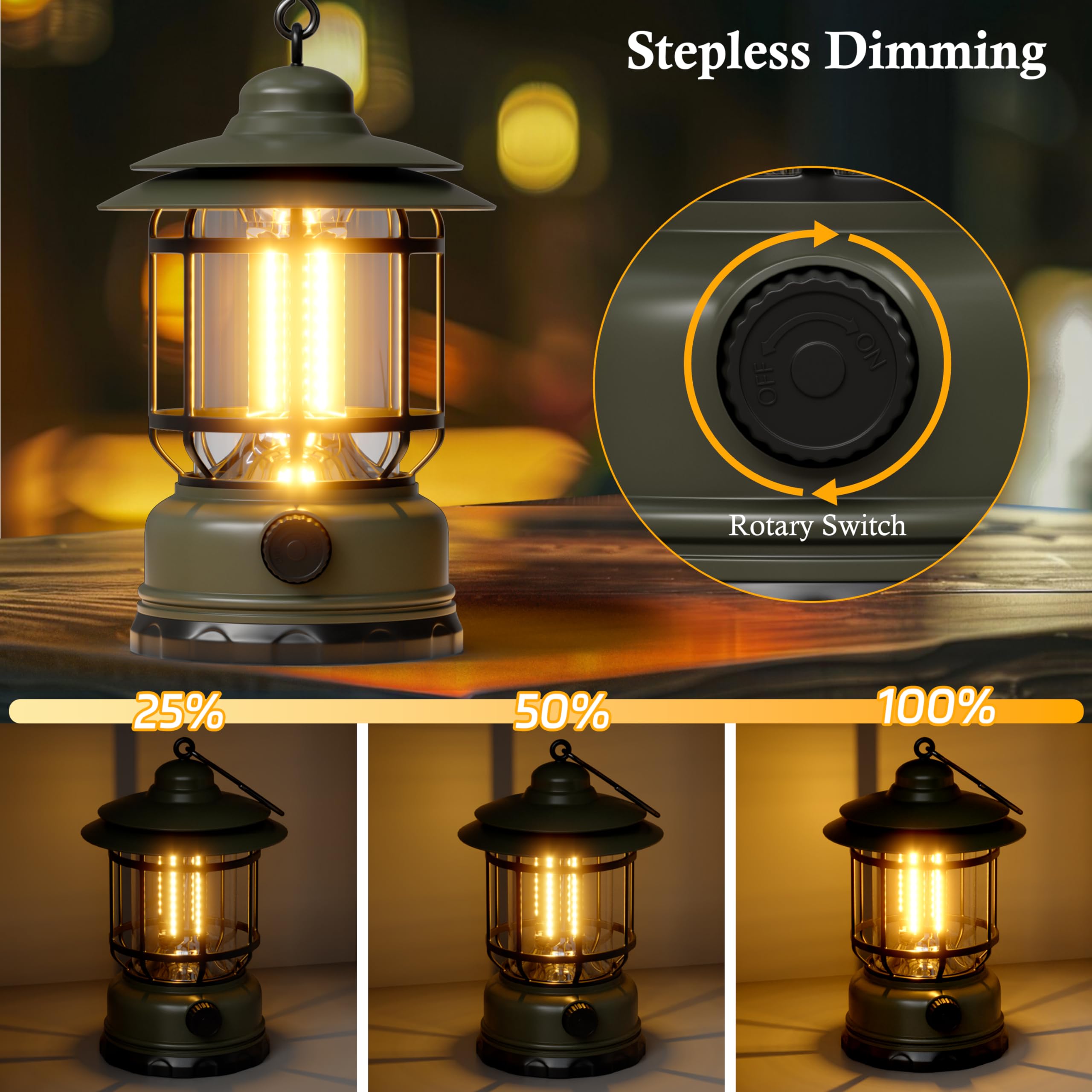 KUNDGLA Portable LED Camping Lanterns 1500LM USB Rechargeable Green 3 Pack