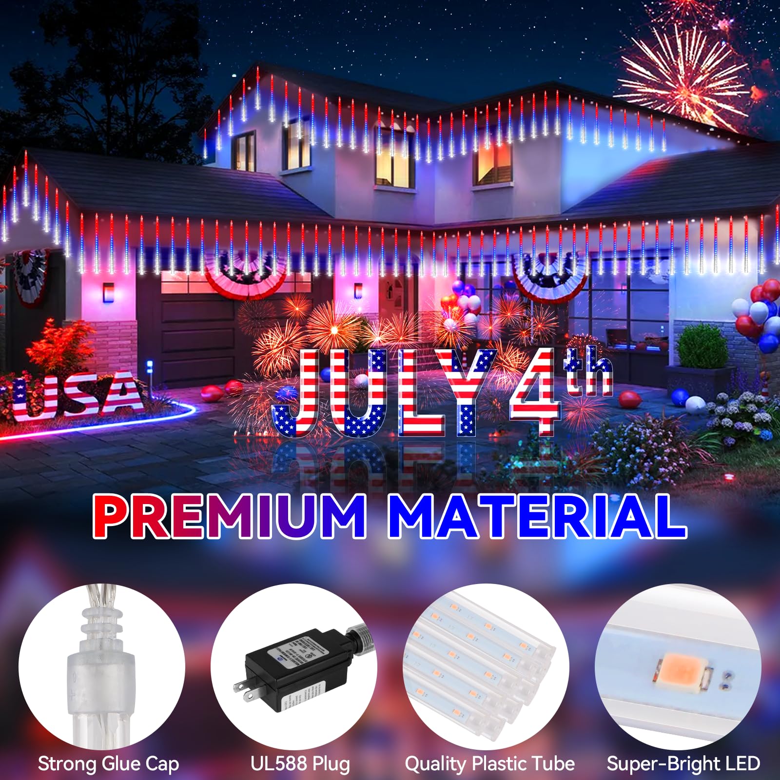 KNONEW 40 Tube LED Lights - Red, White & Blue Meteor Shower, Waterproof Outdoor Decorations for Independence Day, Model KN-1000-LIG168-01