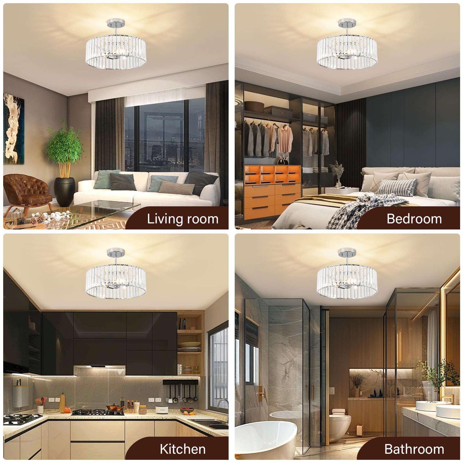 Pevfah Crystal Semi Flush Mount Ceiling Light Fixture, Chrome Modern 3-Light Chandelier Lighting, Round Ceiling Lights For Livin