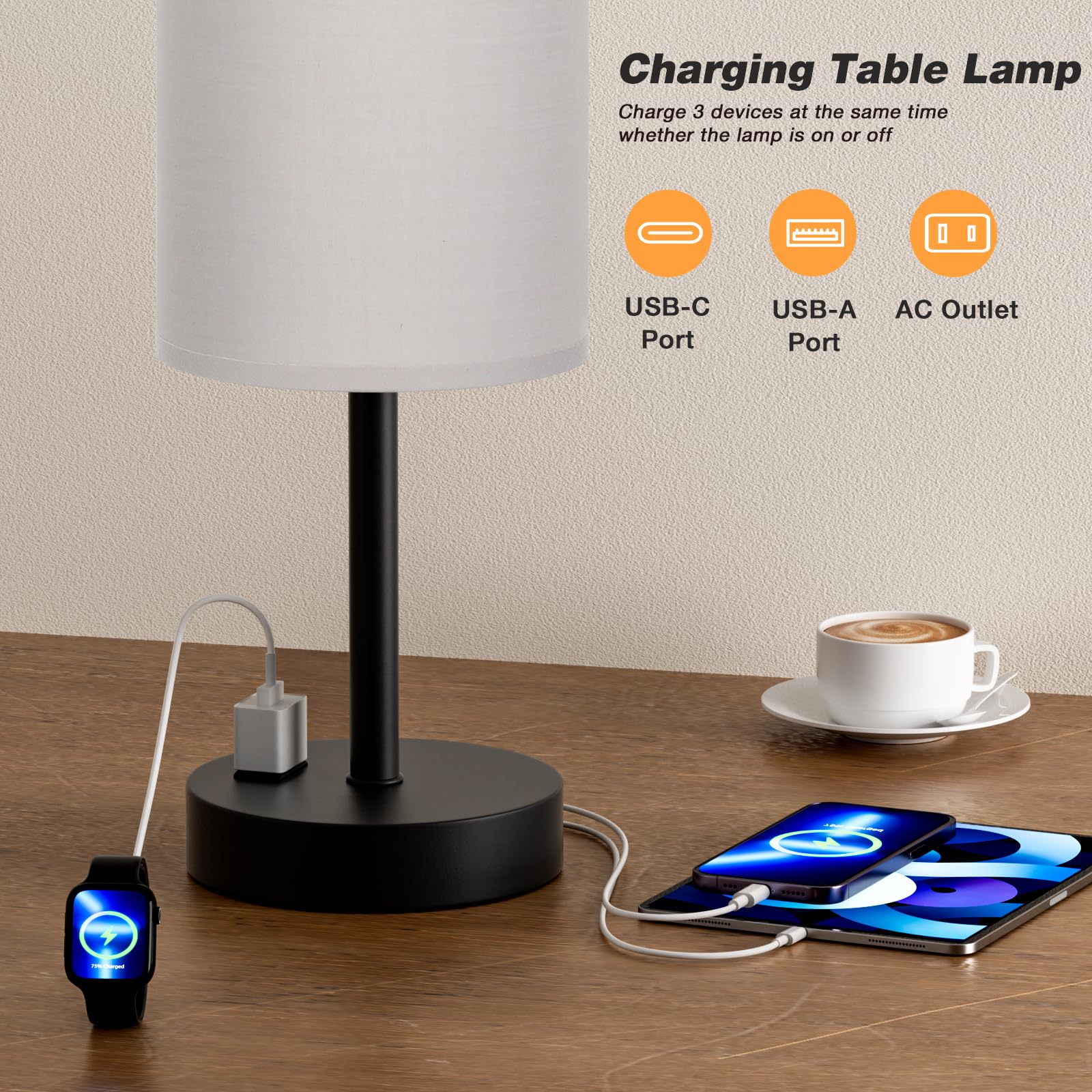 Fenmzee Touch Bedroom Lamp - Grey, 3-Way Dimmable, Usb A + C Charging, Ac Outlet, 17.4Inch Medium