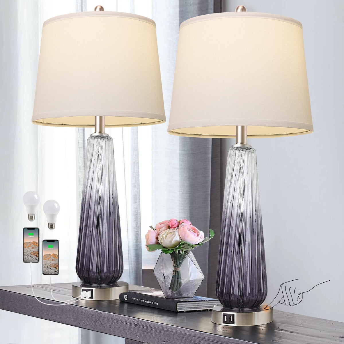 Qimh Table Lamps Set Of 2 With Touch Control, 3-Way Dimmable Modern Glass Bedside Lamps With 2 Usb Ports, Nightstand Lamp With White Shade, 27.5&quot; Large Lamps For Living Room Bedrooms Decor, Grey